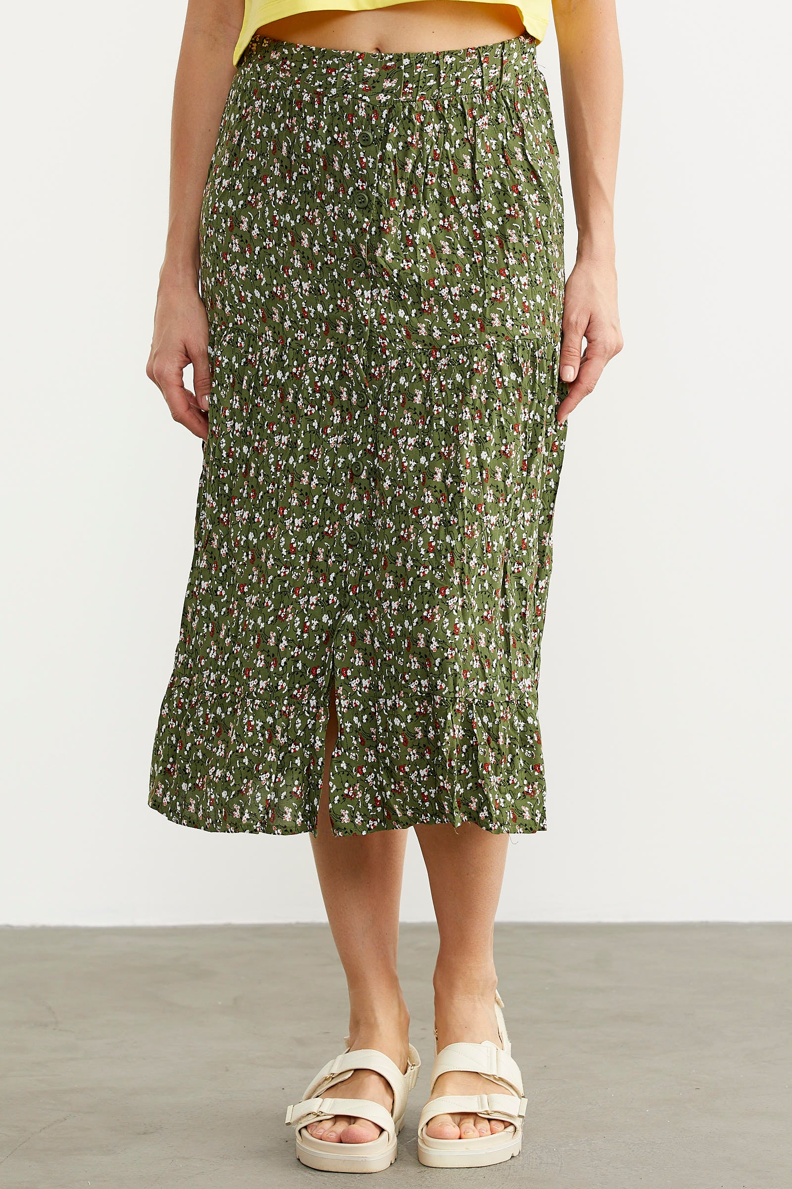 Lastikli Önden Düğmeli Desenli Etek - Yeşil (4) Sementa