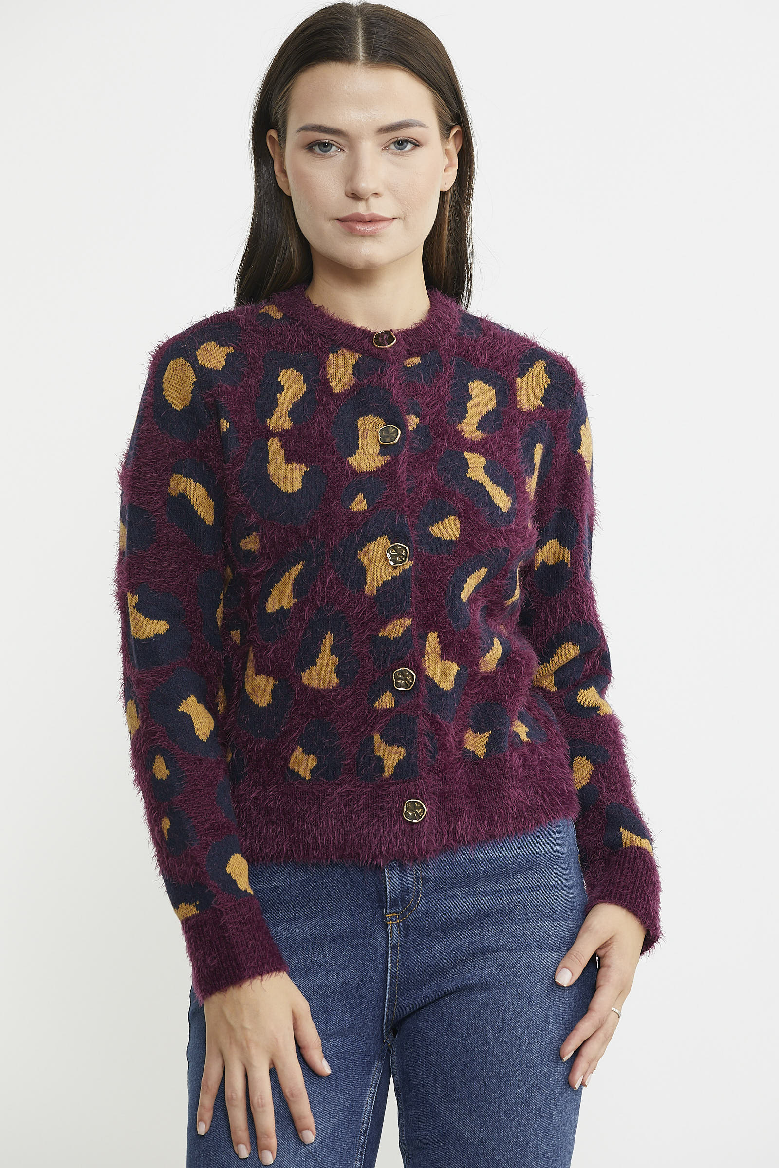 Leopar Desenli Sakallı Triko Hırka - Bordo - Sementa