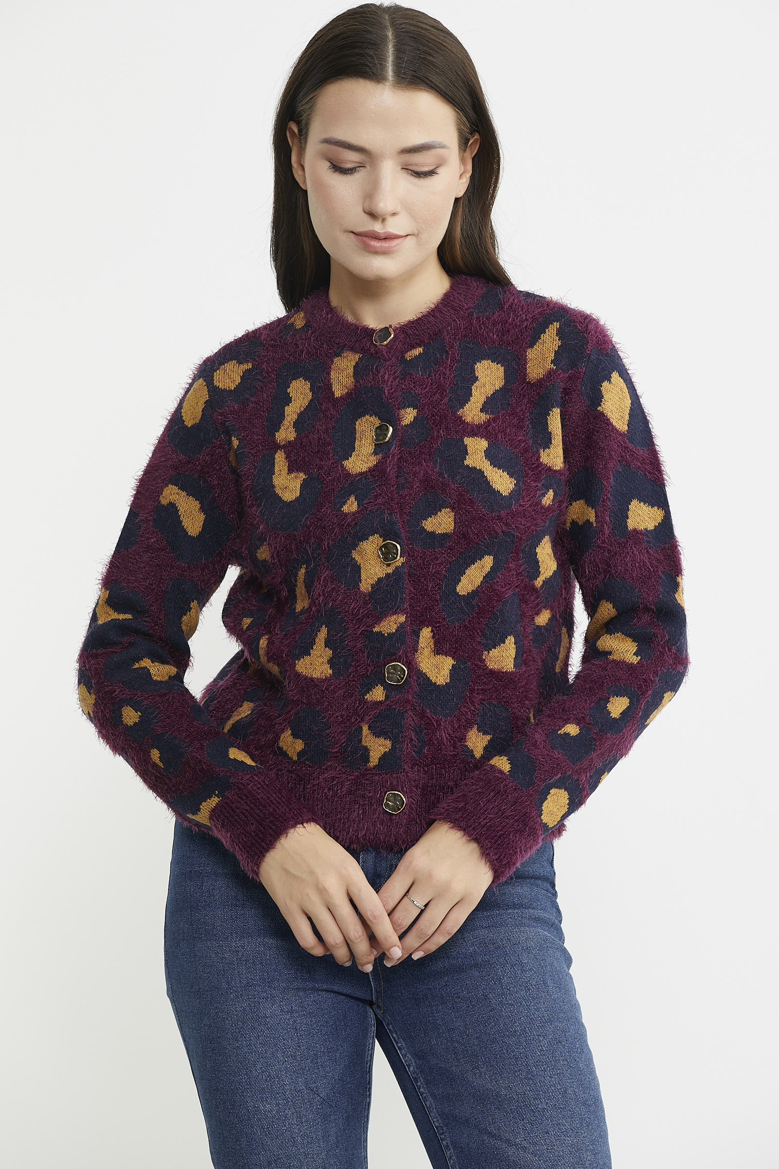 Leopar Desenli Sakallı Triko Hırka - Bordo - Sementa