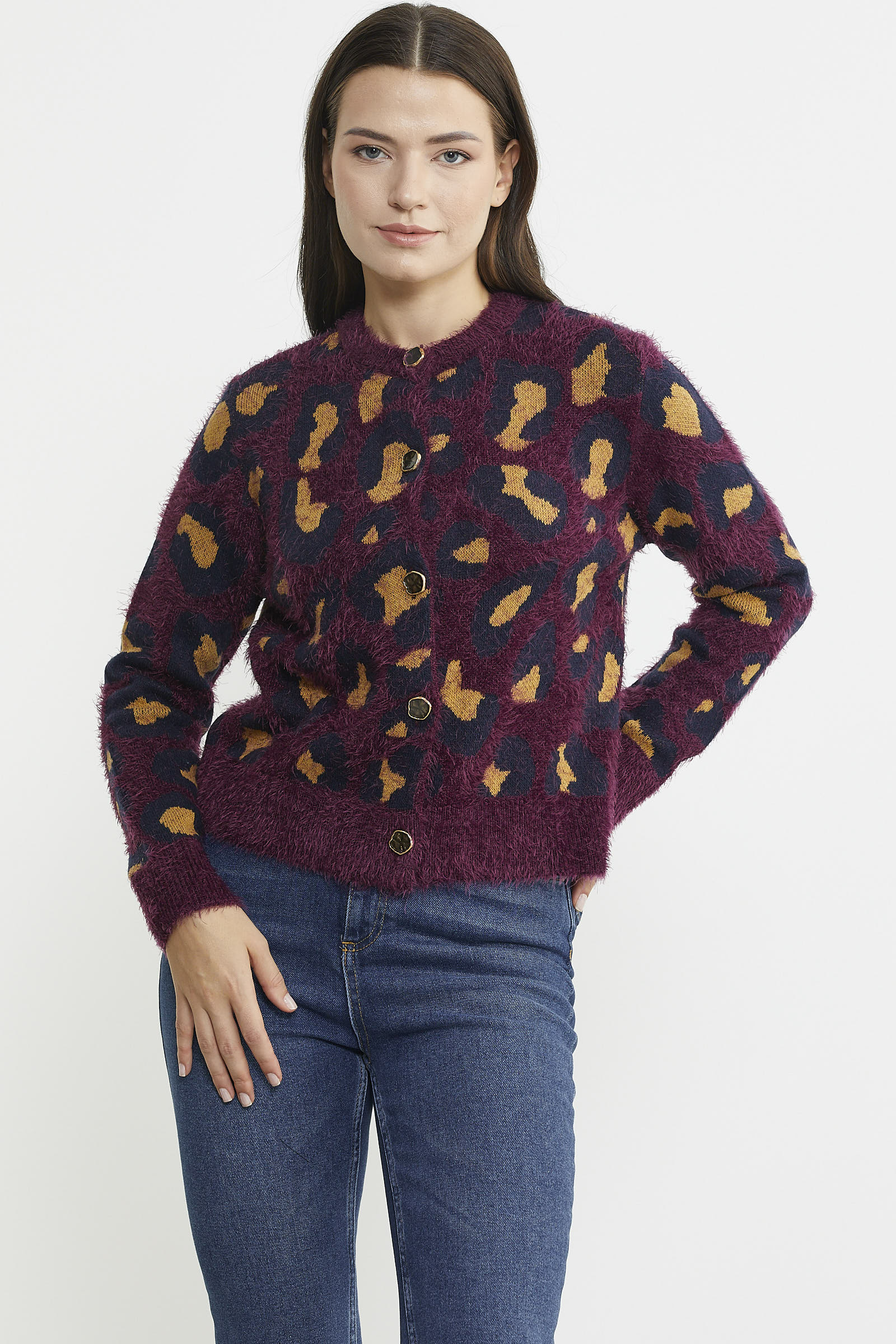 Leopar Desenli Sakallı Triko Hırka - Bordo - Sementa