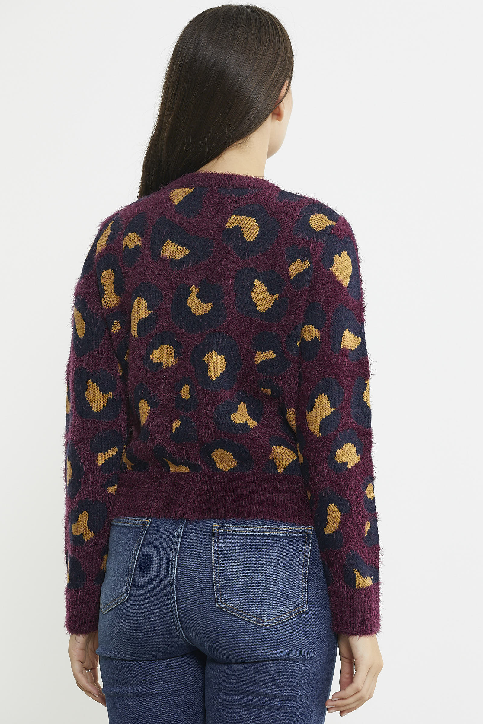 Leopar Desenli Sakallı Triko Hırka - Bordo - Sementa