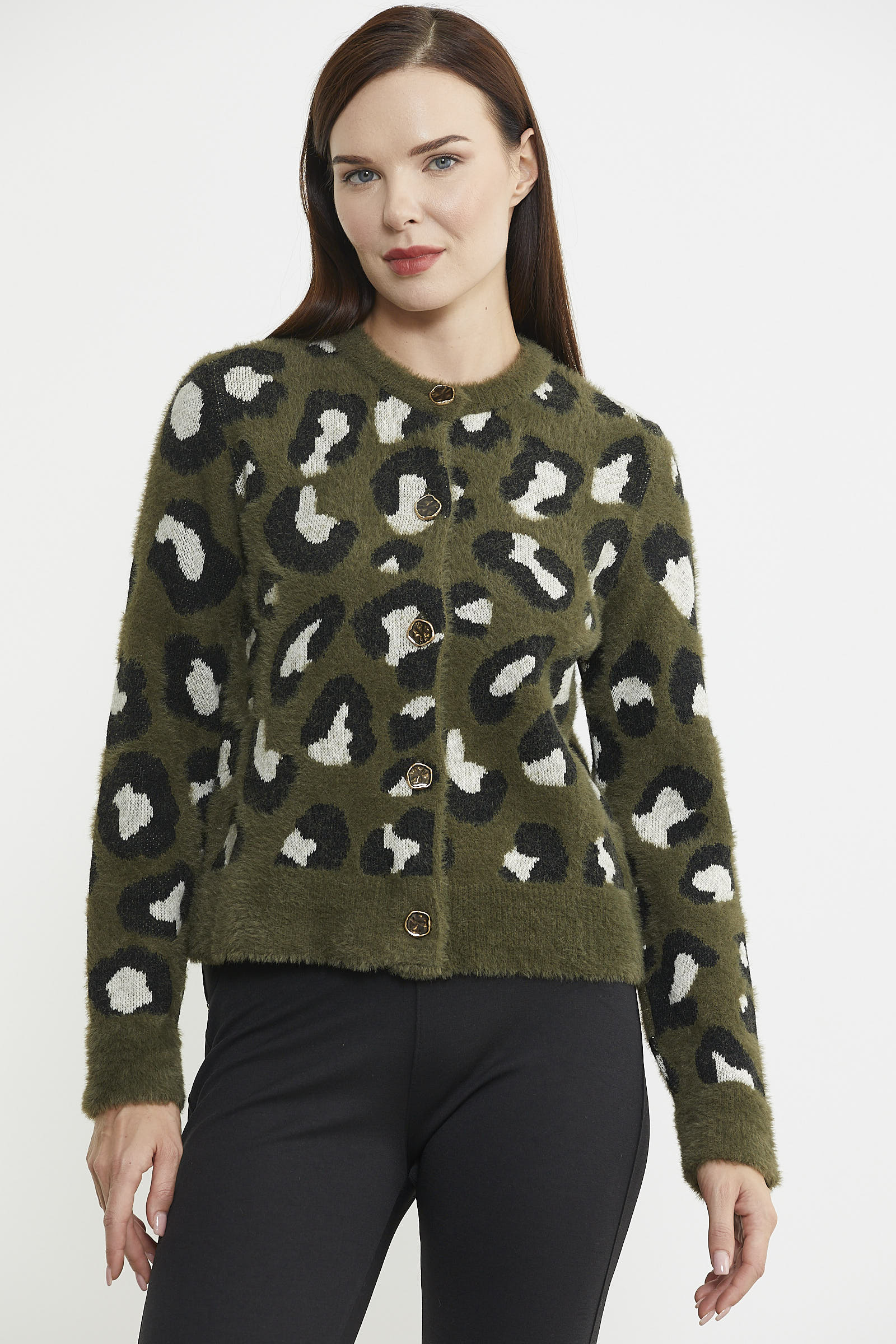 Leopar Desenli Sakallı Triko Hırka - Haki - Sementa