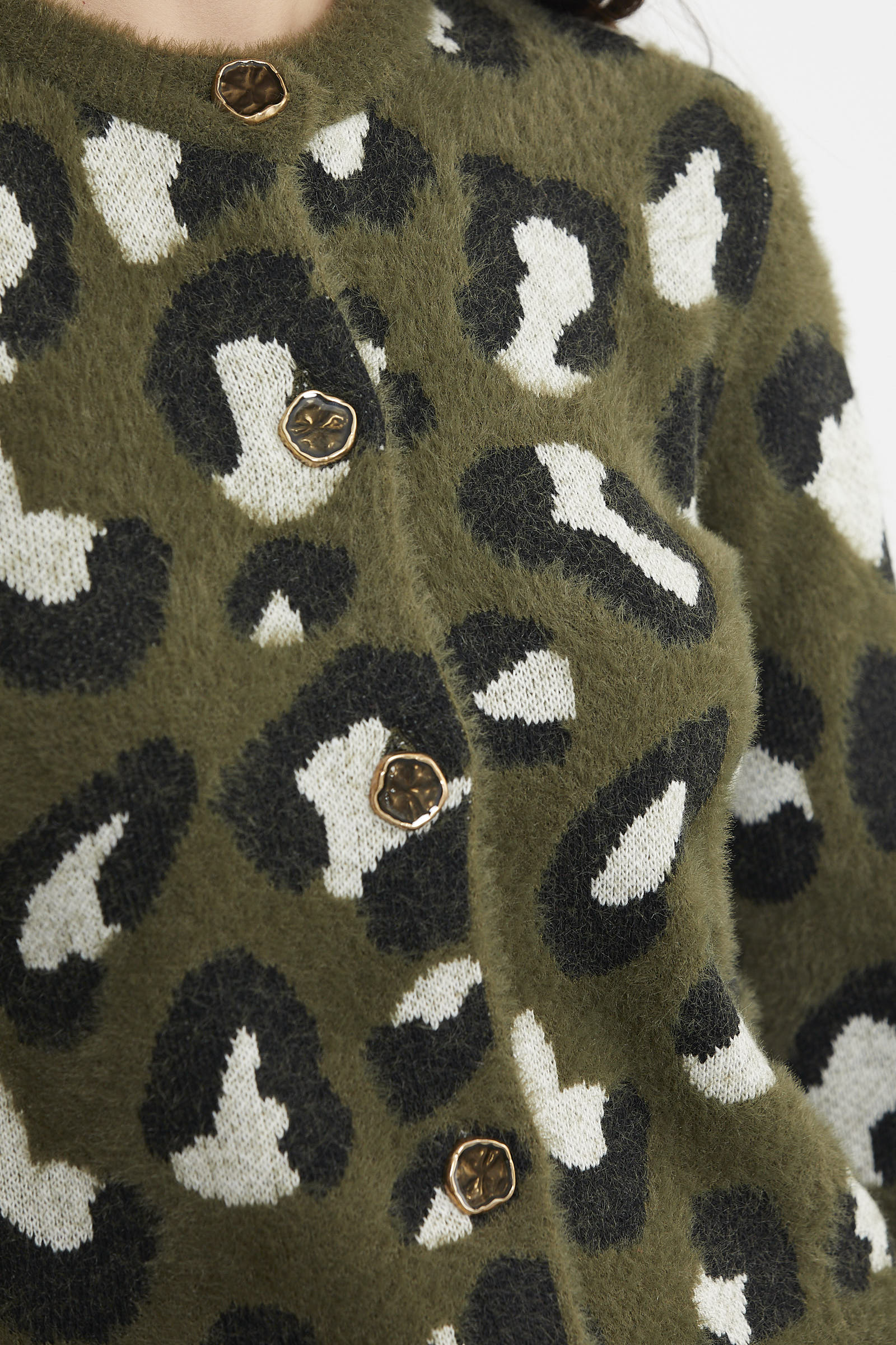 Leopar Desenli Sakallı Triko Hırka - Haki - Sementa