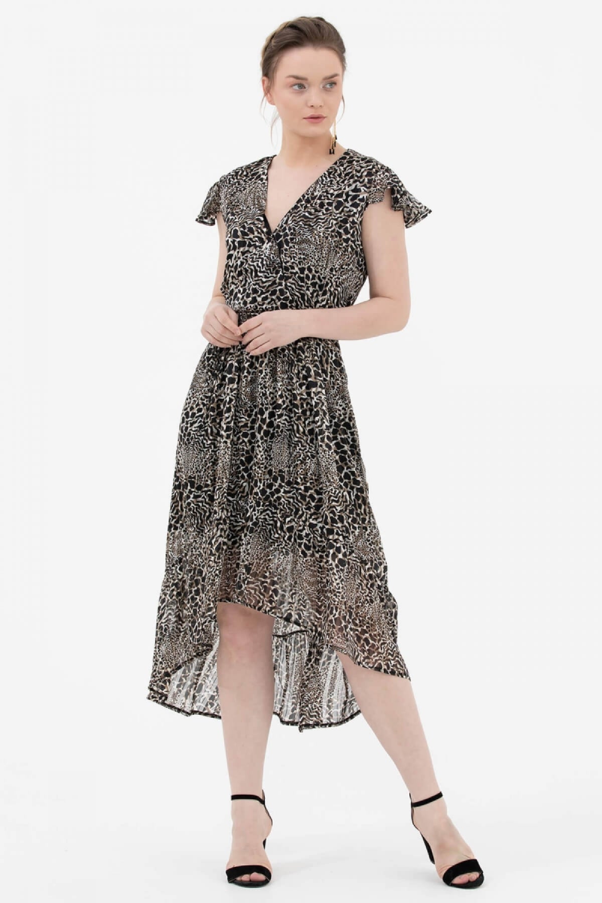 Leopar Desenli Şifon Elbise - Siyah (1) Sementa