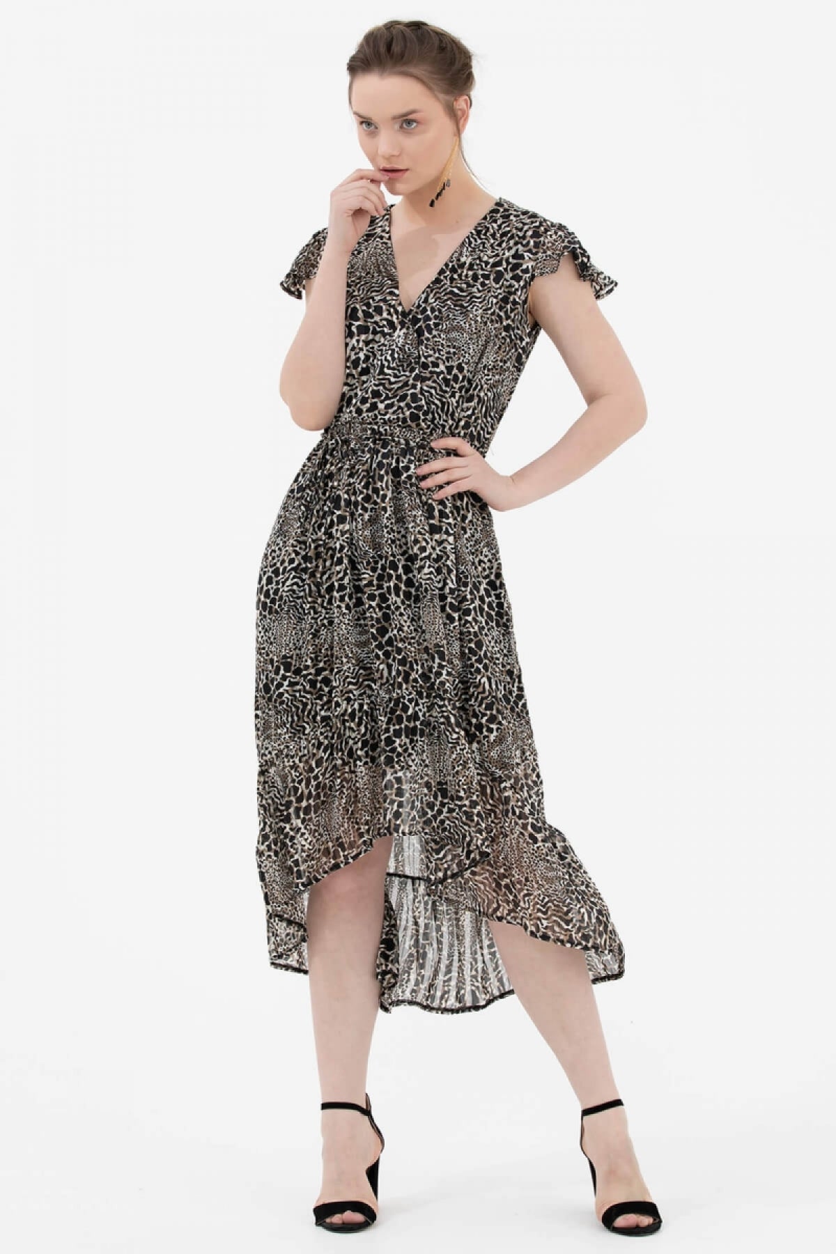 Leopar Desenli Şifon Elbise - Siyah (2) Sementa