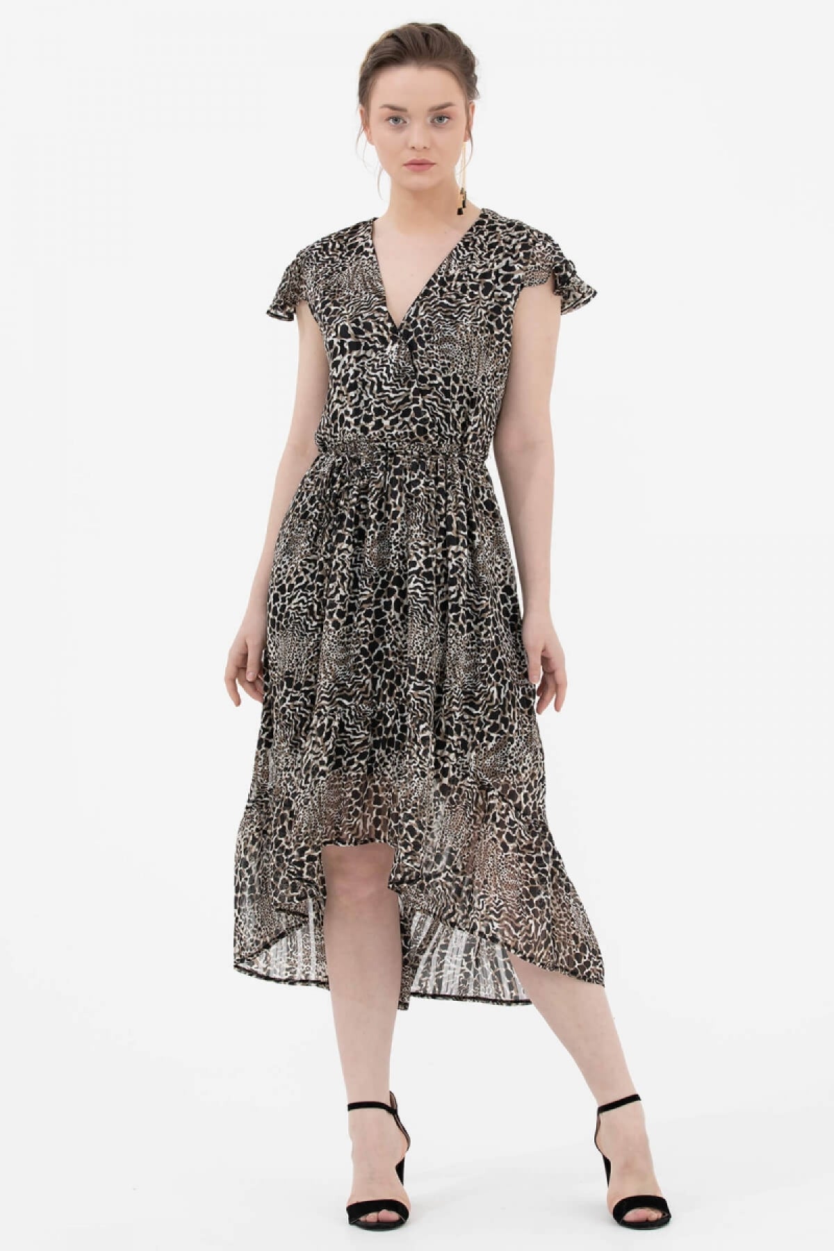 Leopar Desenli Şifon Elbise - Siyah (3) Sementa