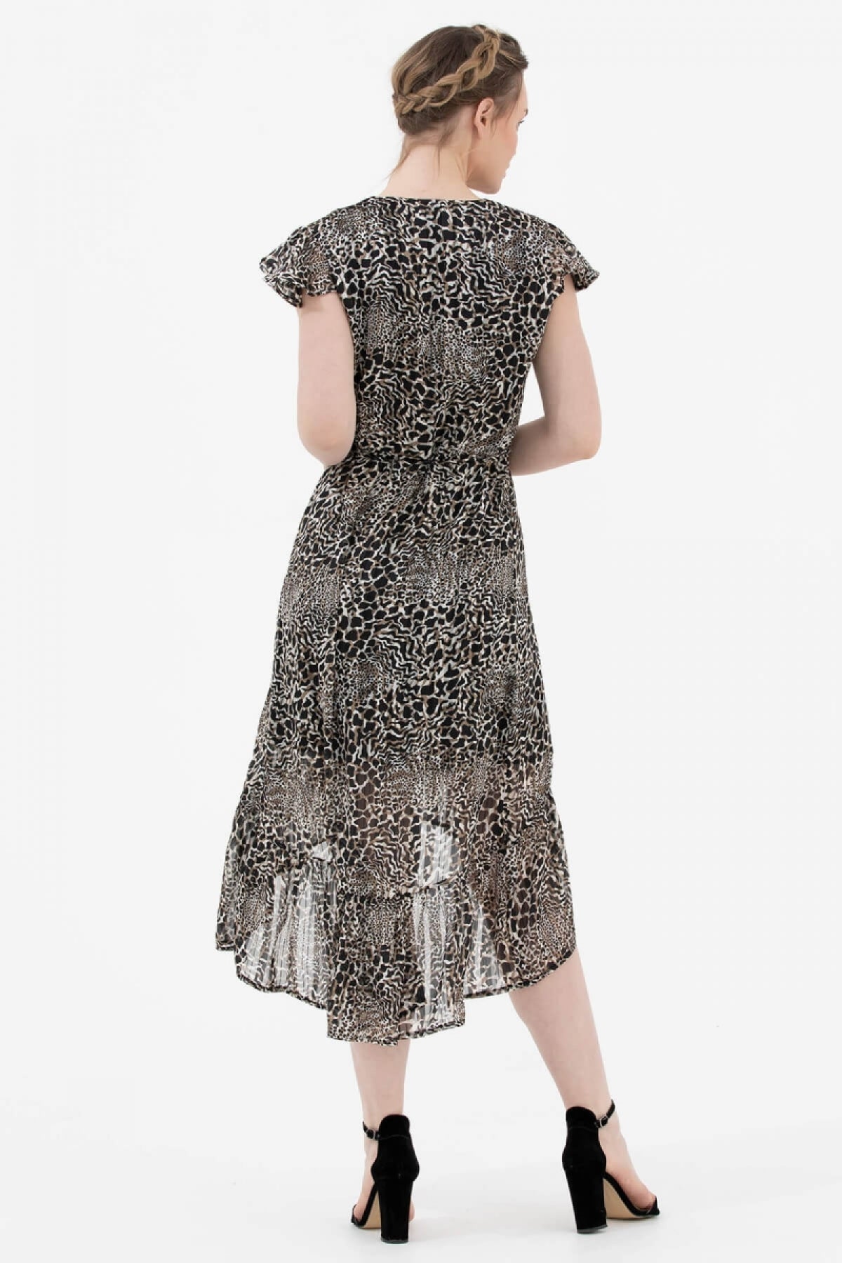 Leopar Desenli Şifon Elbise - Siyah (4) Sementa