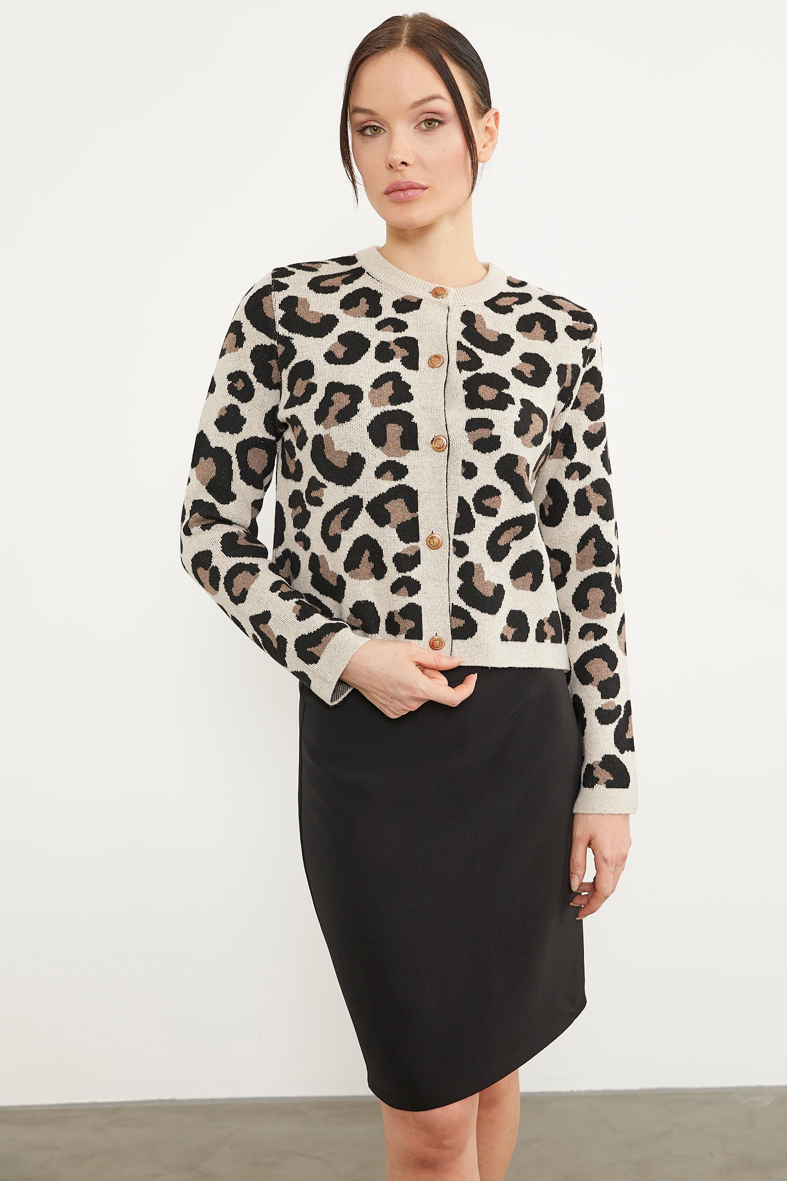 Leopar Desenli Triko Hırka - Bej (2) Sementa