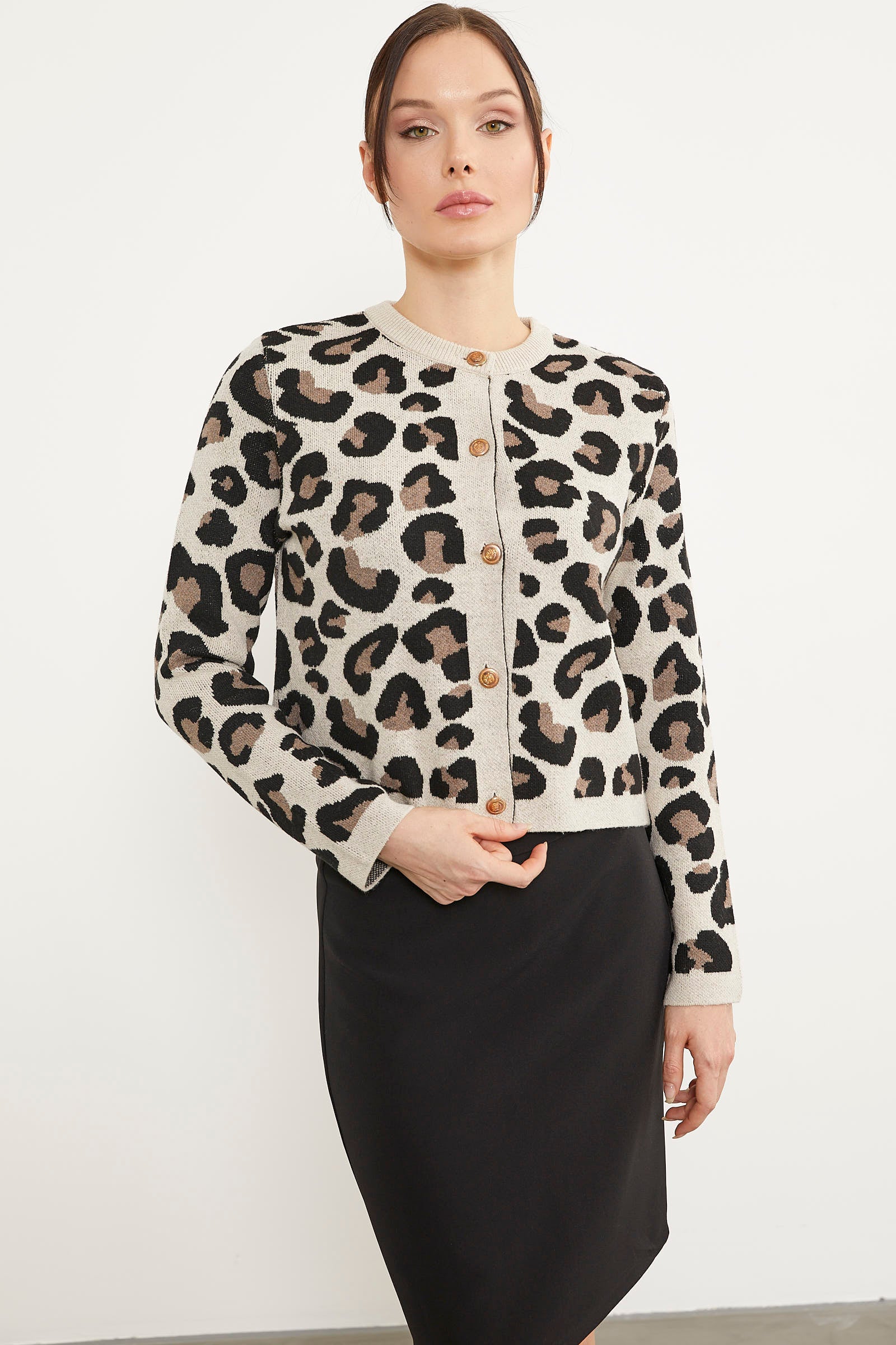 Leopar Desenli Triko Hırka - Bej (3) Sementa