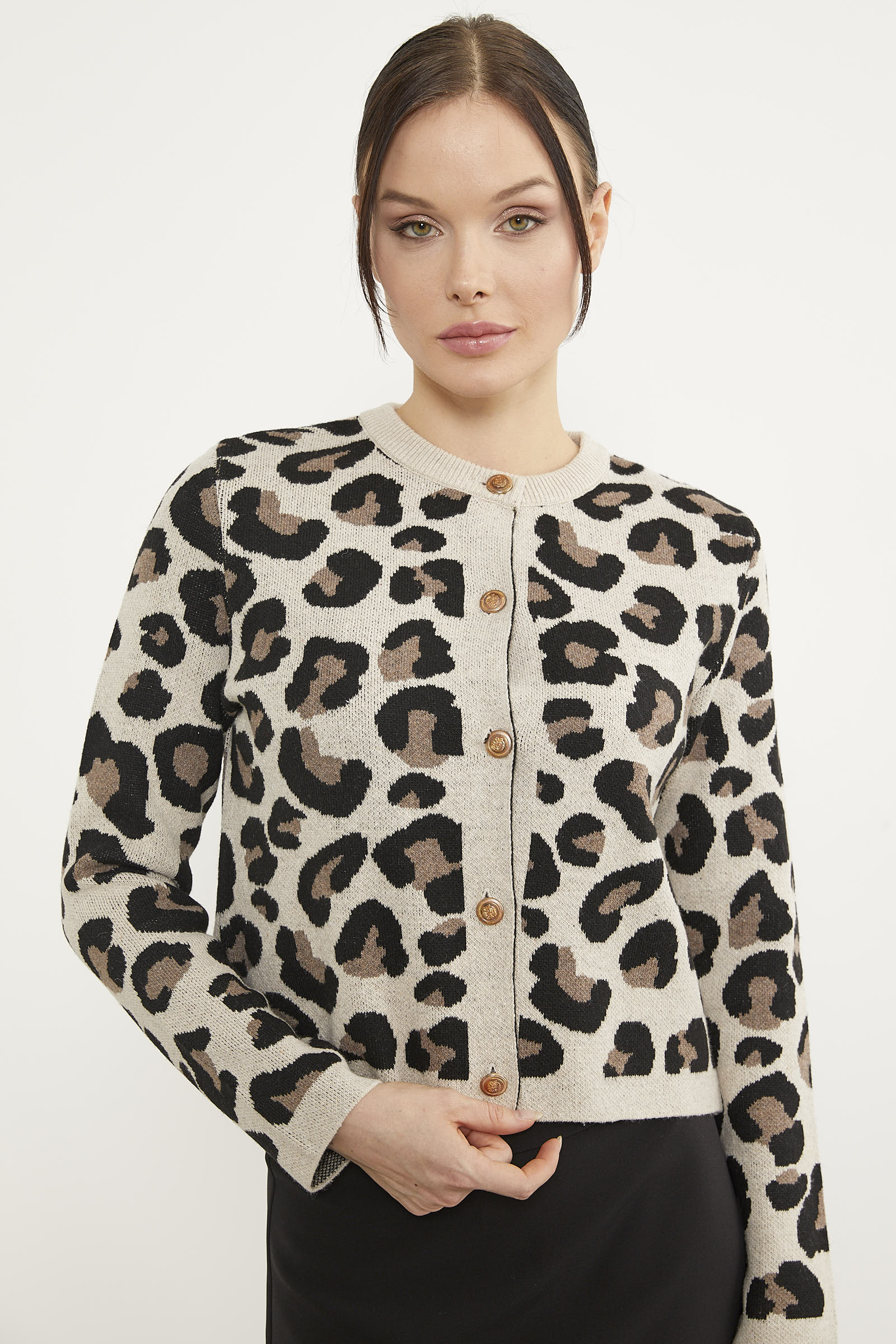 Leopar Desenli Triko Hırka - Bej (1) Sementa