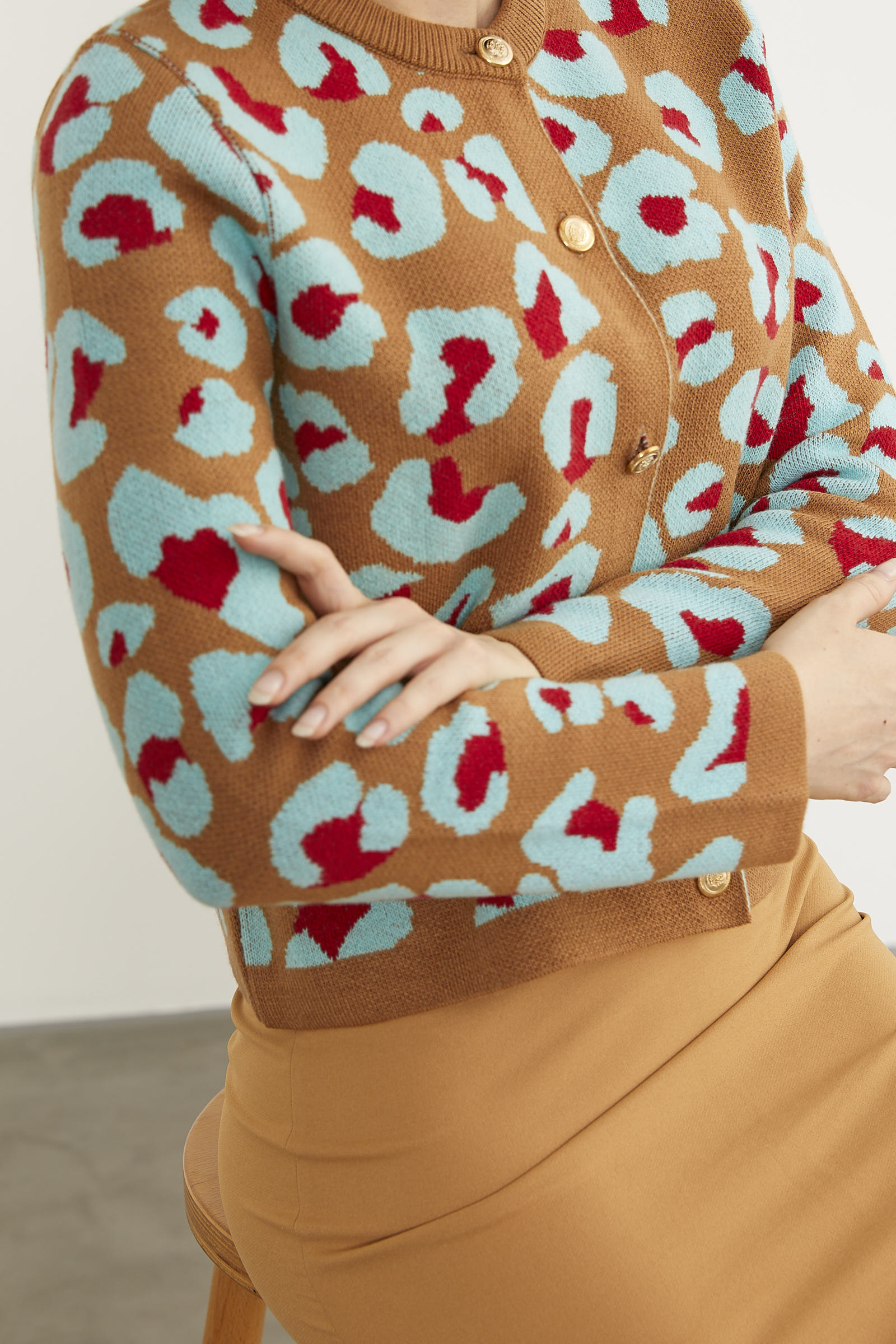 Leopar Desenli Triko Hırka - Kamel (7) Sementa