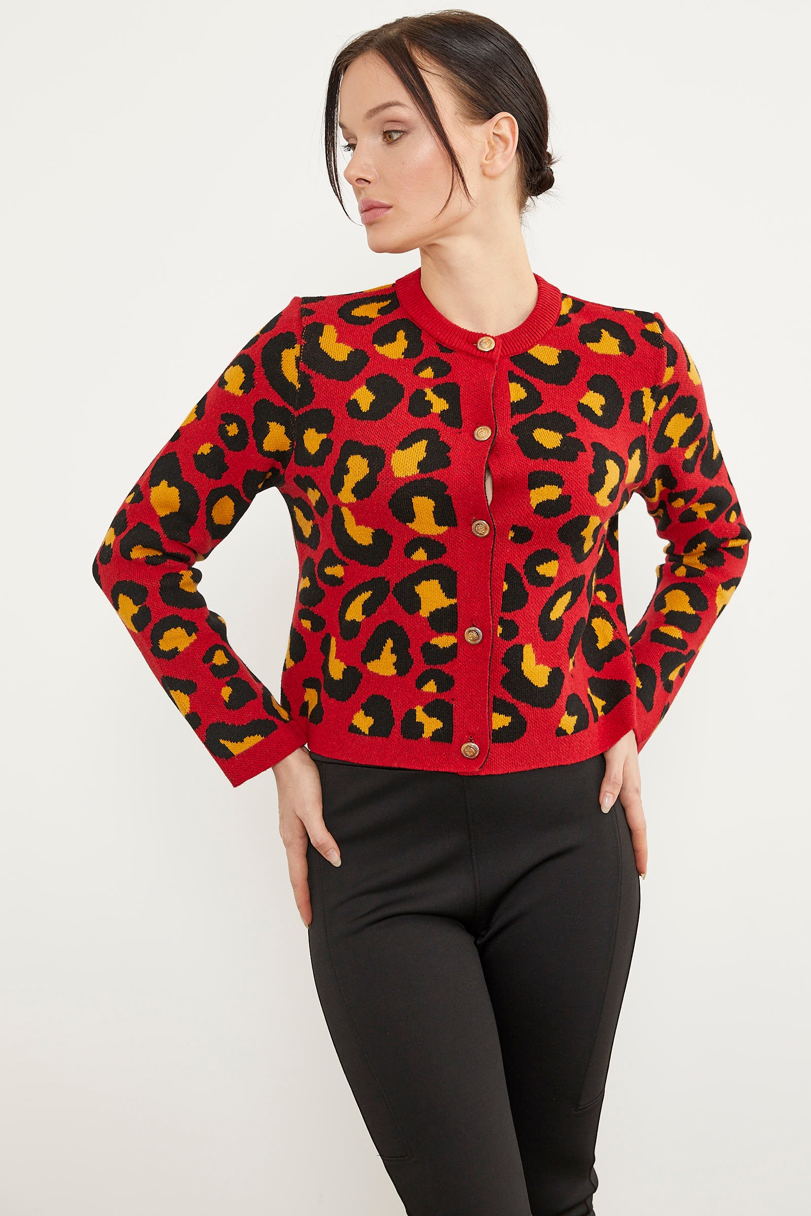 Leopar Desenli Triko Hırka - Kırmızı (2) Sementa