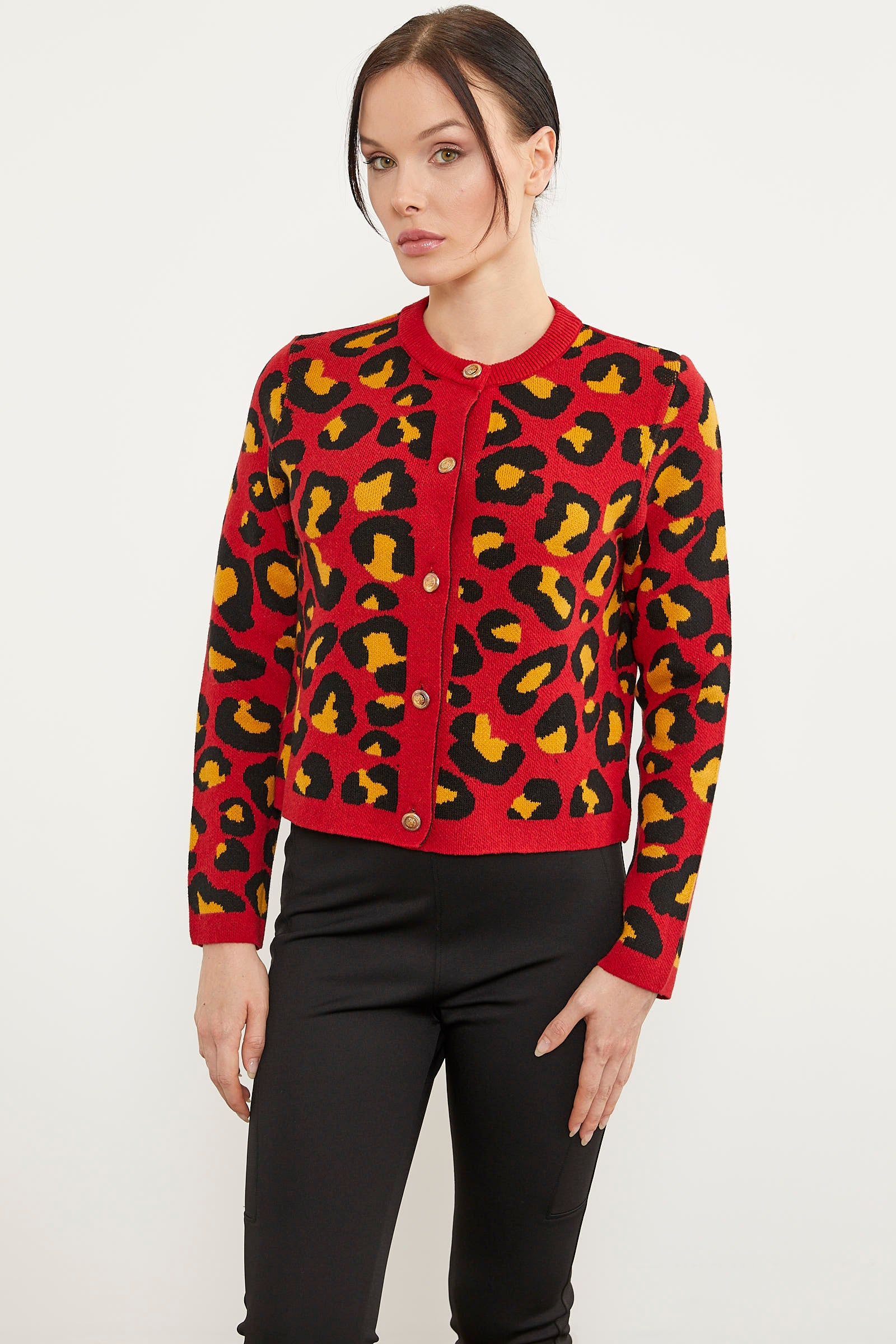 Leopar Desenli Triko Hırka - Kırmızı (3) Sementa