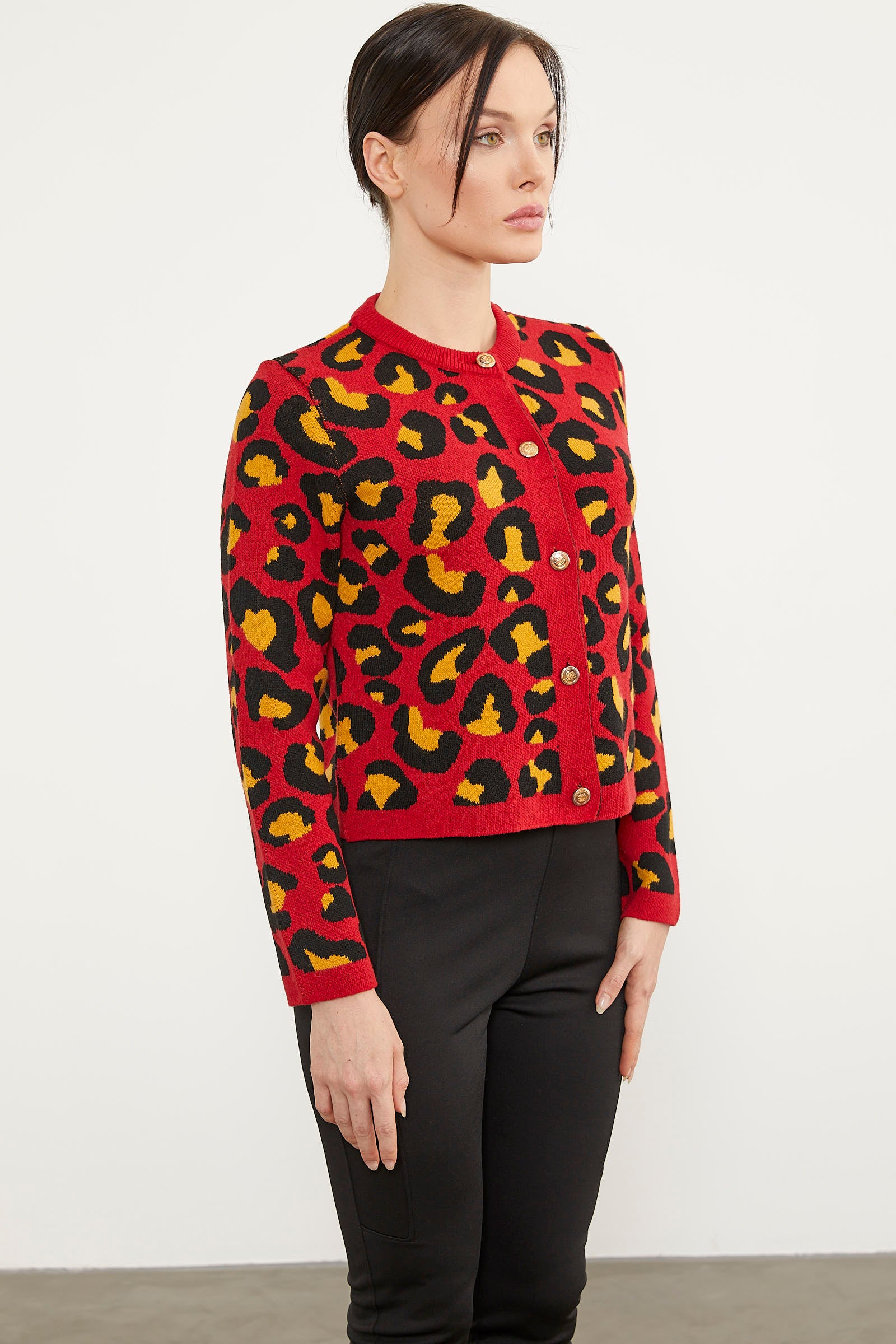 Leopar Desenli Triko Hırka - Kırmızı (4) Sementa