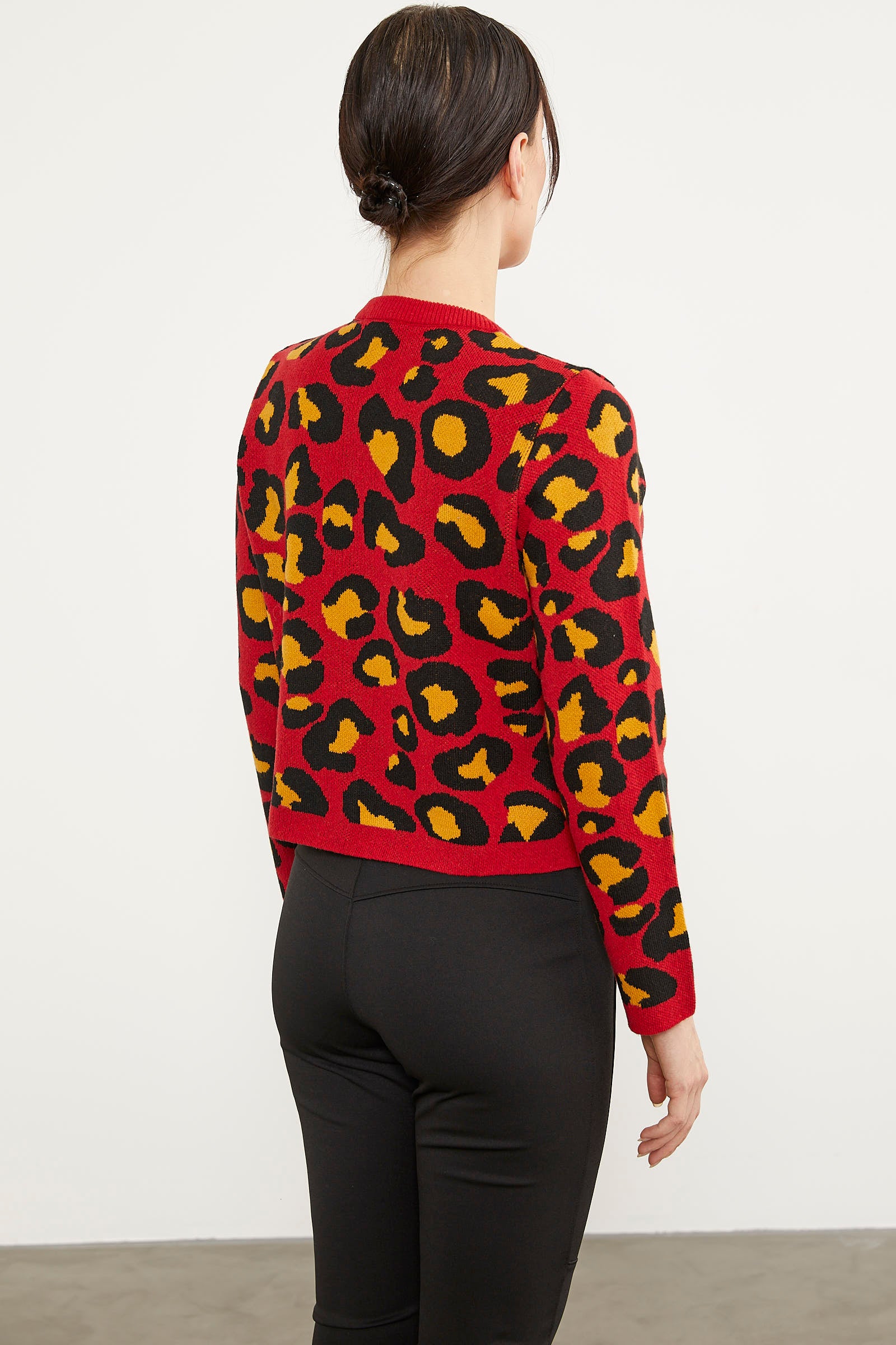 Leopar Desenli Triko Hırka - Kırmızı (5) Sementa