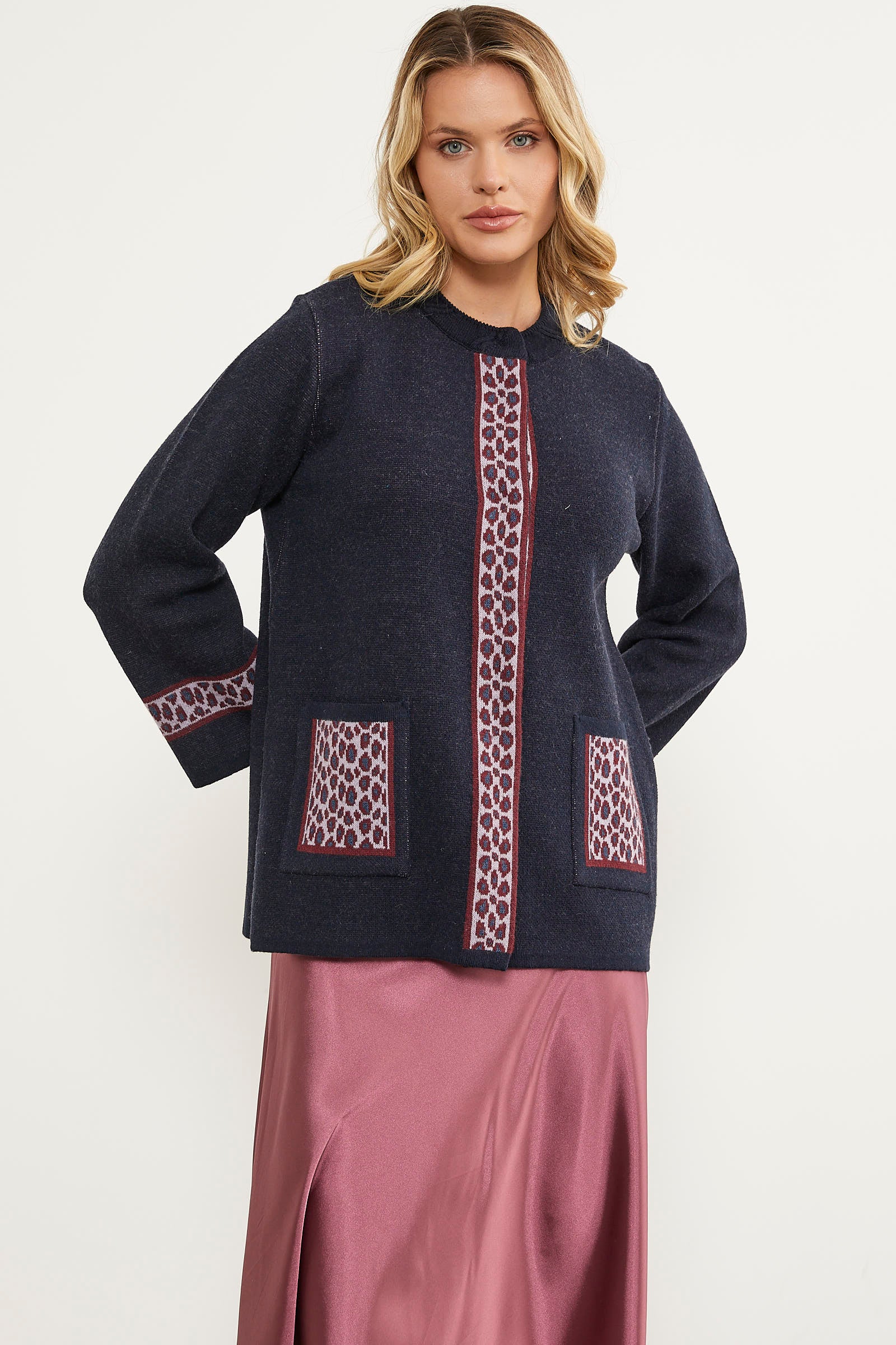 Leopar Detaylı Geniş Kalıp Triko Hırka - Lacivert (3) Sementa