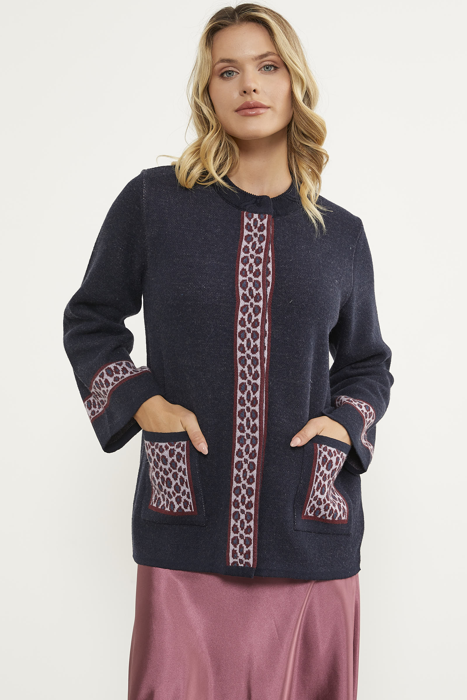 Leopar Detaylı Geniş Kalıp Triko Hırka - Lacivert (5) Sementa