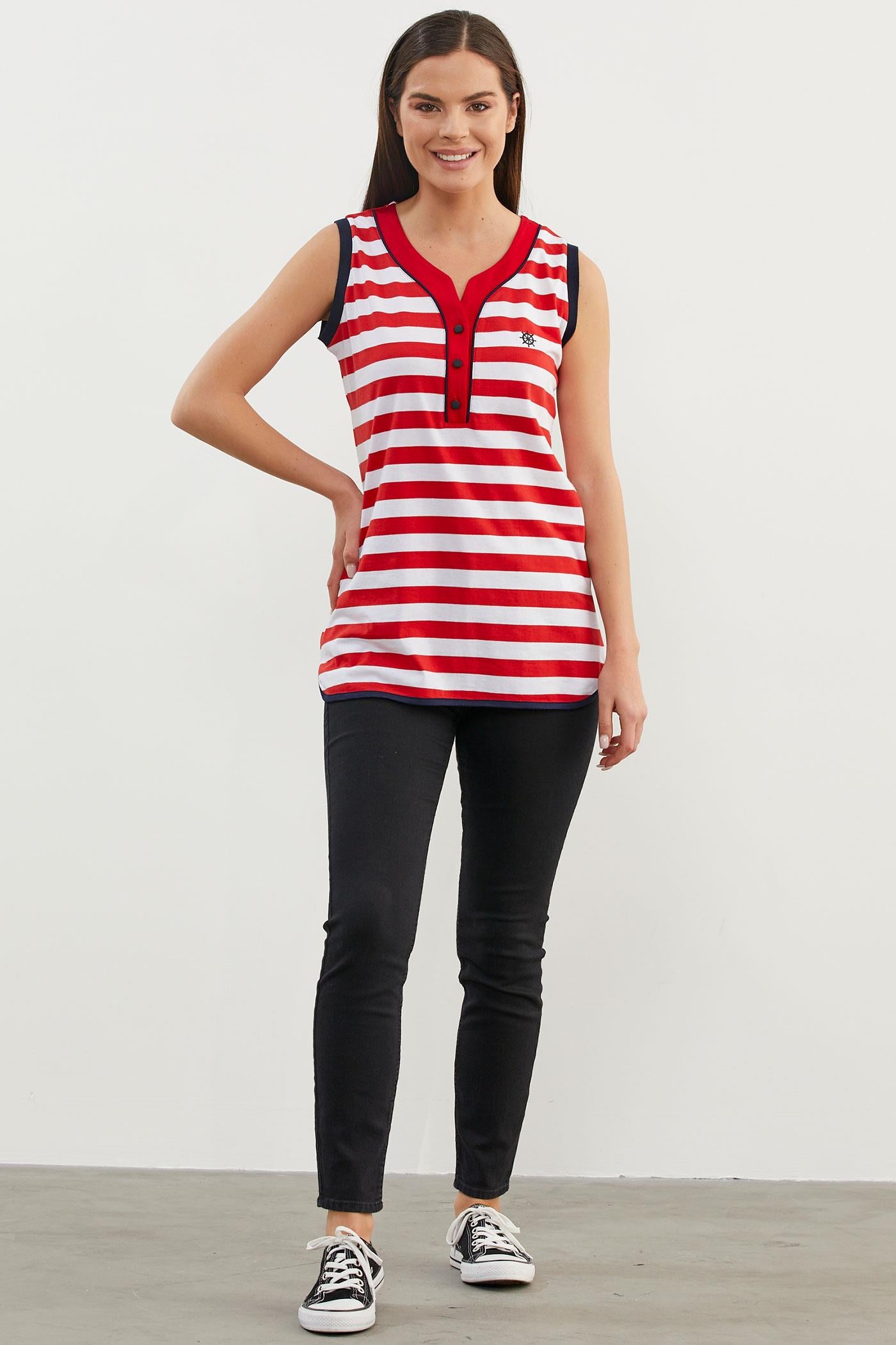 Marine Çizgili V Yaka Kolsuz Tişört - Kırmızı (2) Sementa