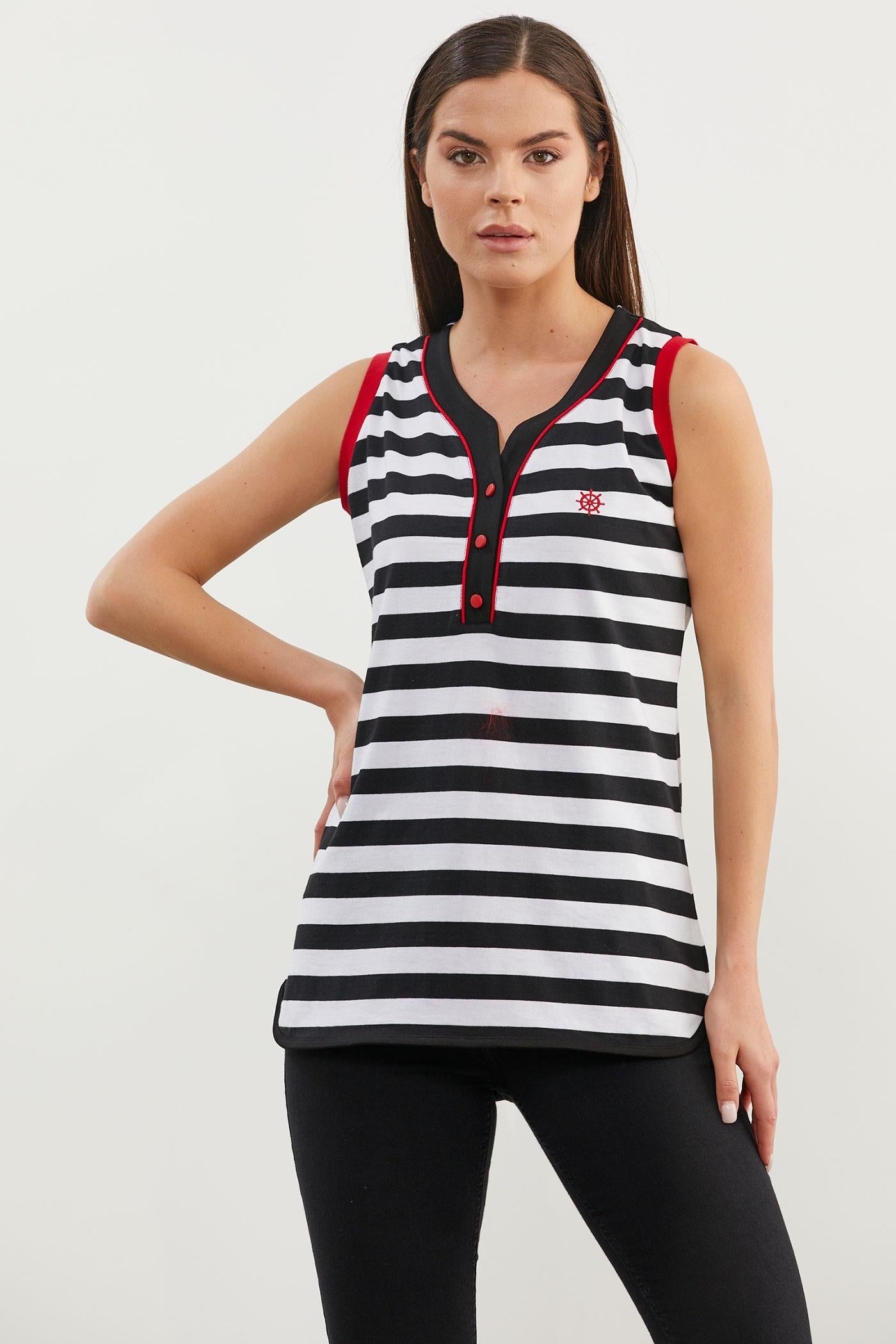 Marine Çizgili V Yaka Kolsuz Tişört - Siyah (2) Sementa