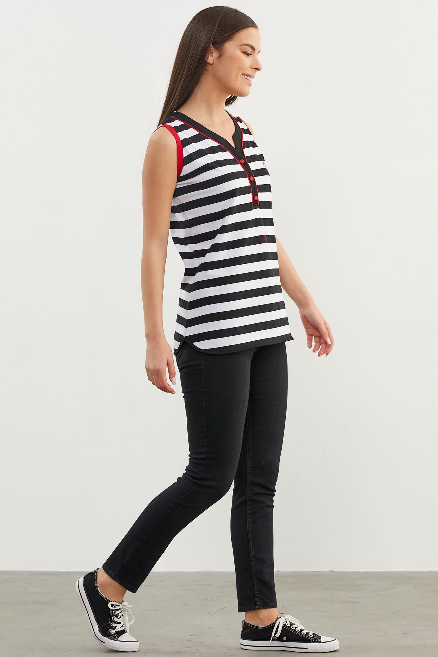 Marine Çizgili V Yaka Kolsuz Tişört - Siyah (3) Sementa