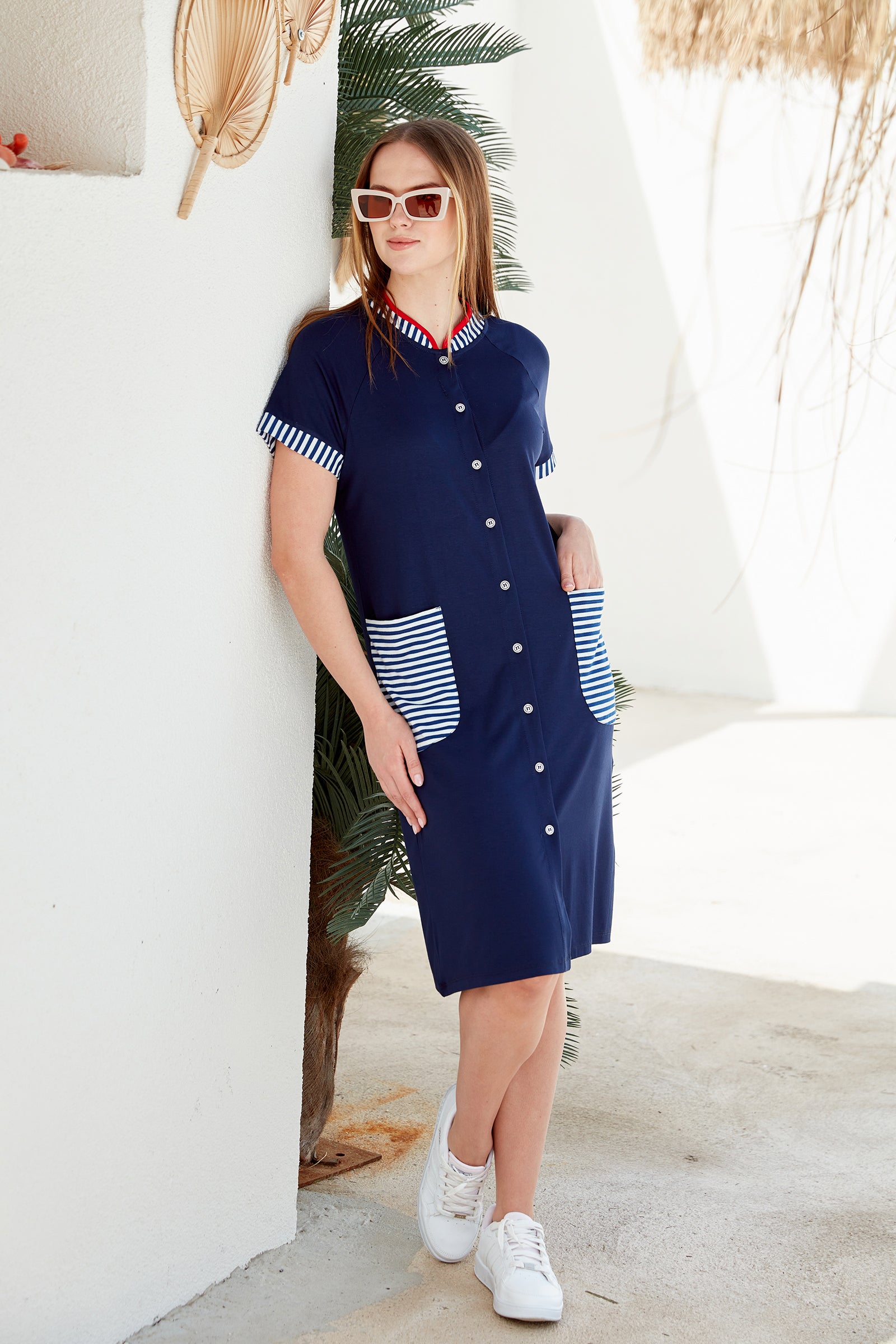 Marine Detaylı Düğmeli Penye Elbise - Lacivert (2) Sementa