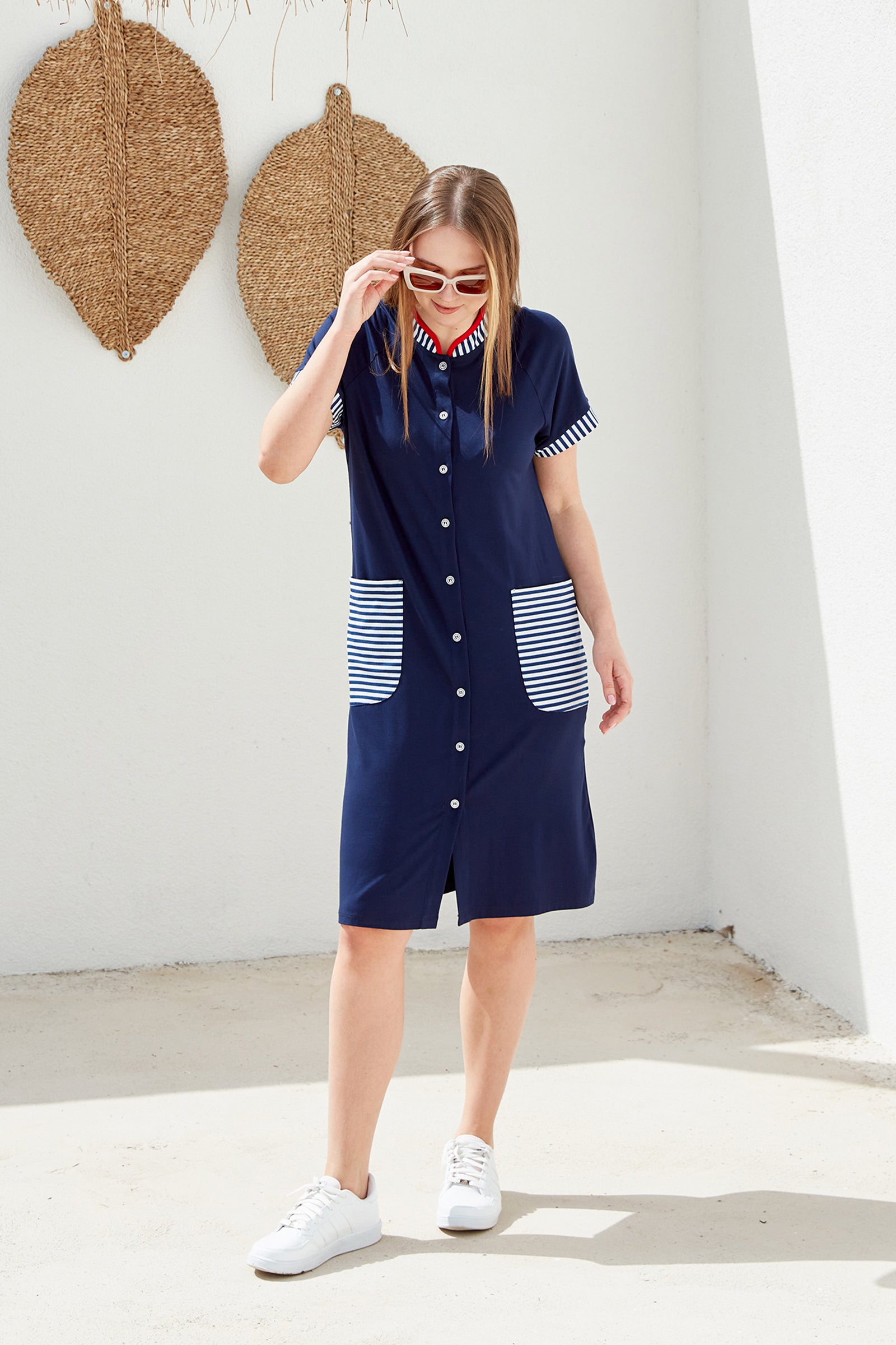 Marine Detaylı Düğmeli Penye Elbise - Lacivert (4) Sementa