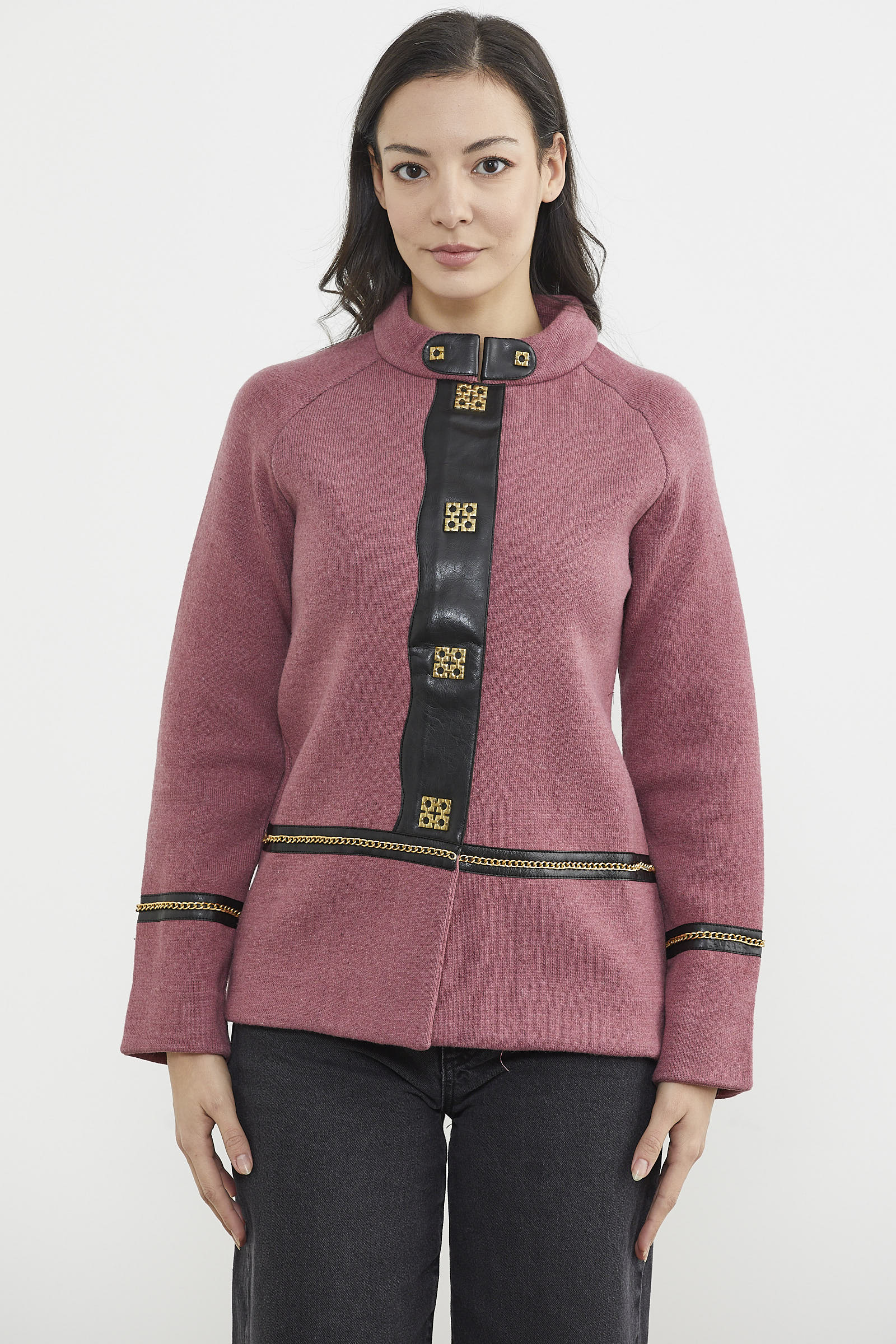 Metal Aksesuarlı Triko Ceket - Gül - Siyah (1) Sementa