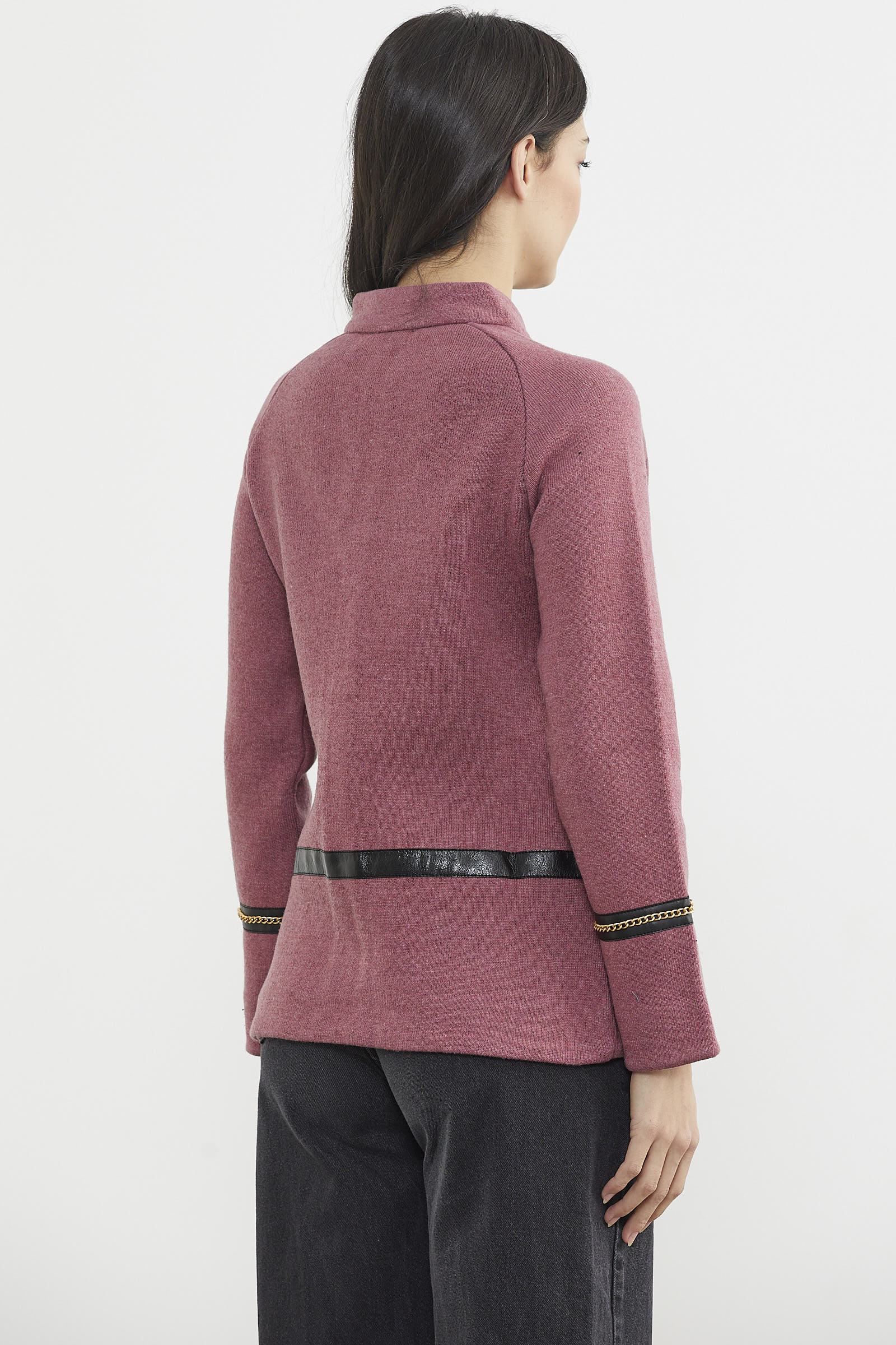 Metal Aksesuarlı Triko Ceket - Gül - Siyah (5) Sementa