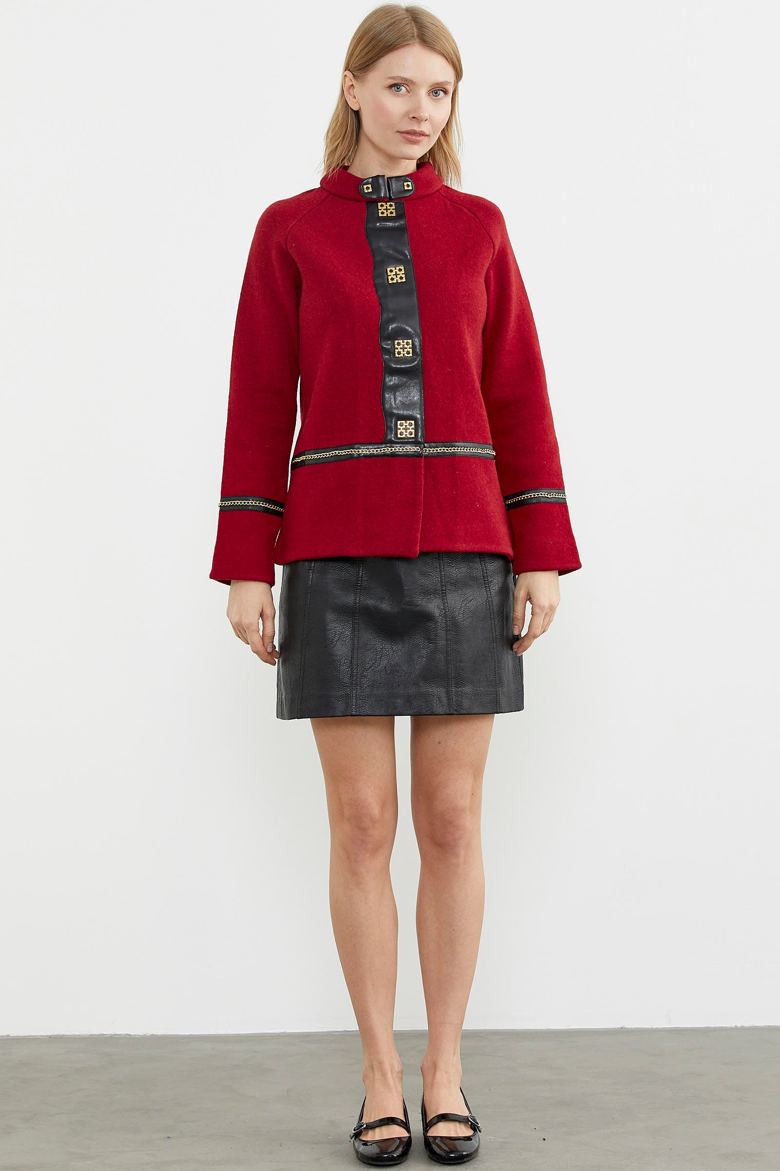 Metal Aksesuarlı Triko Ceket - Kırmızı - Siyah (1) Sementa