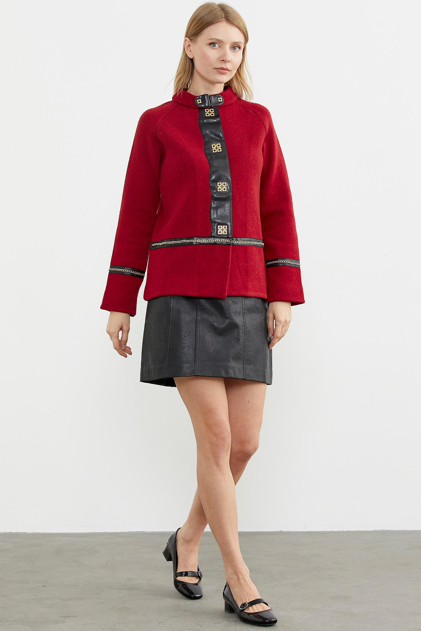 Metal Aksesuarlı Triko Ceket - Kırmızı - Siyah (3) Sementa