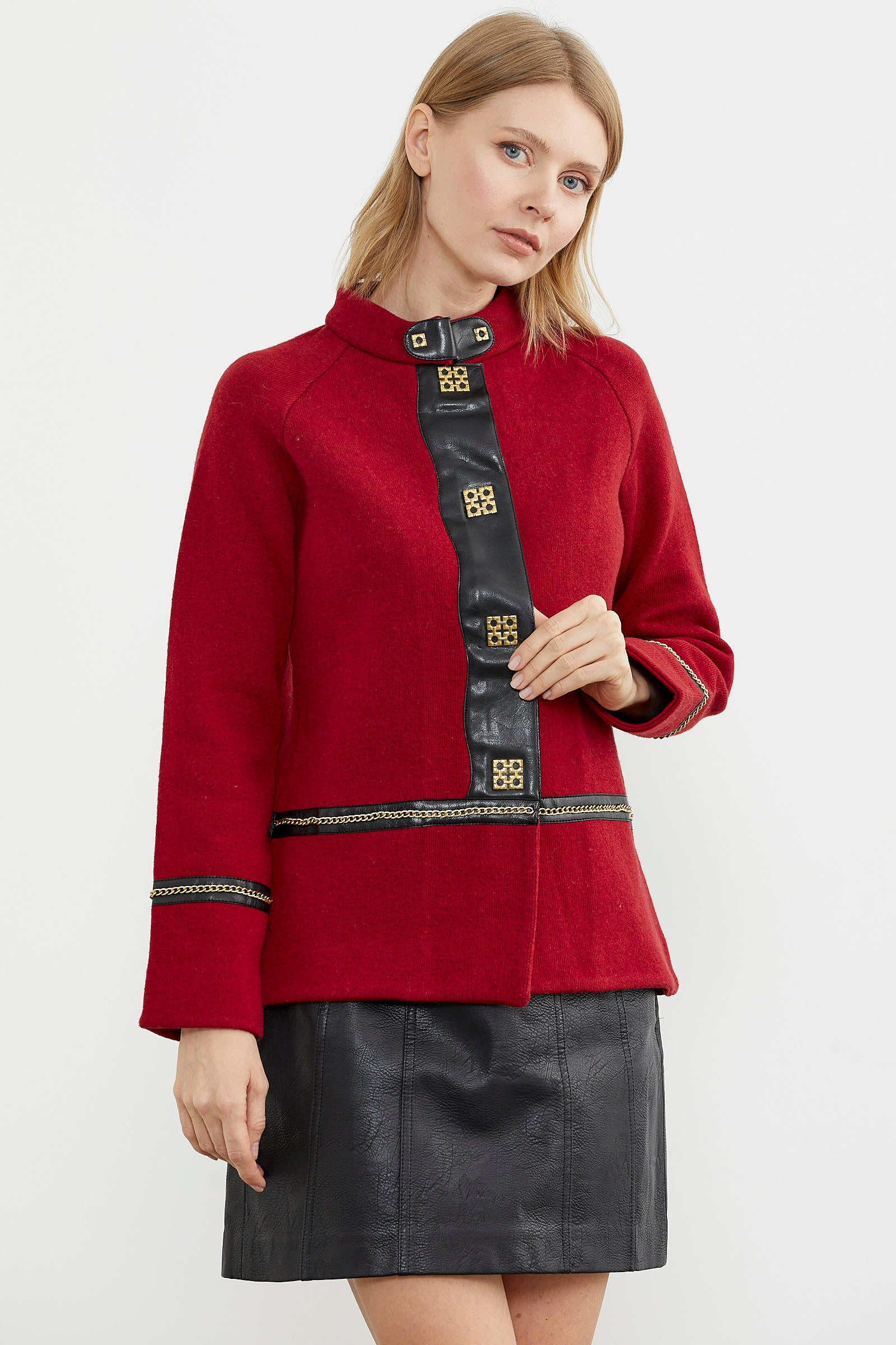 Metal Aksesuarlı Triko Ceket - Kırmızı - Siyah (4) Sementa