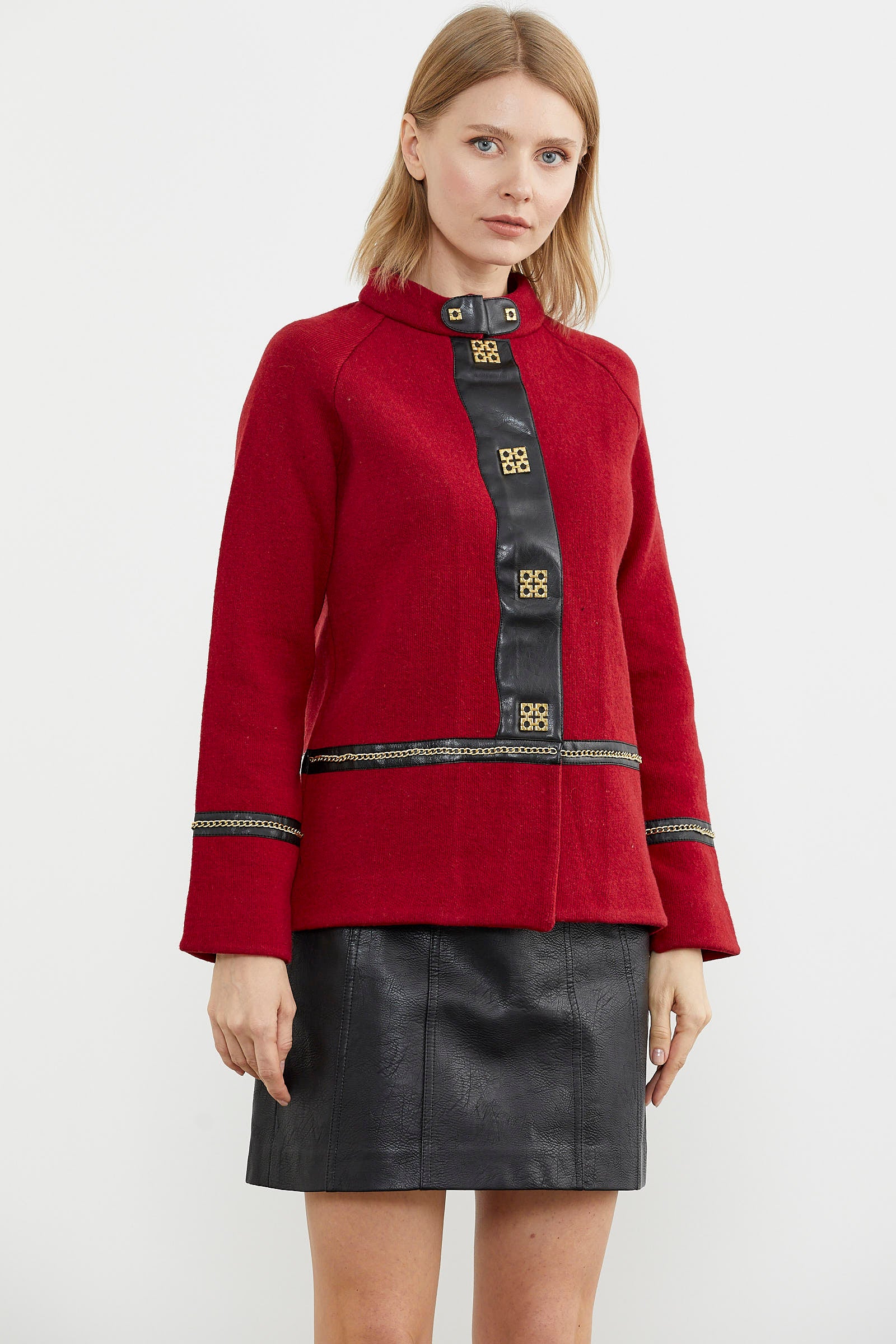 Metal Aksesuarlı Triko Ceket - Kırmızı - Siyah (5) Sementa