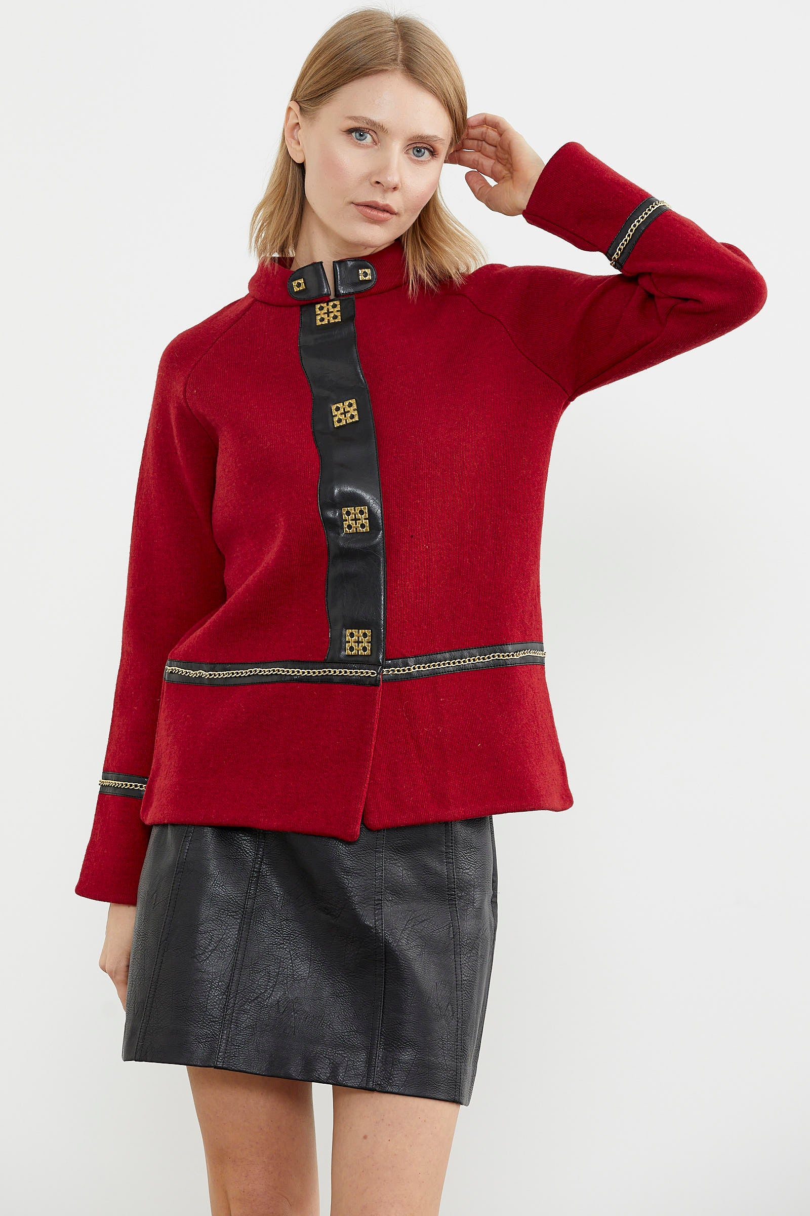 Metal Aksesuarlı Triko Ceket - Kırmızı - Siyah (6) Sementa