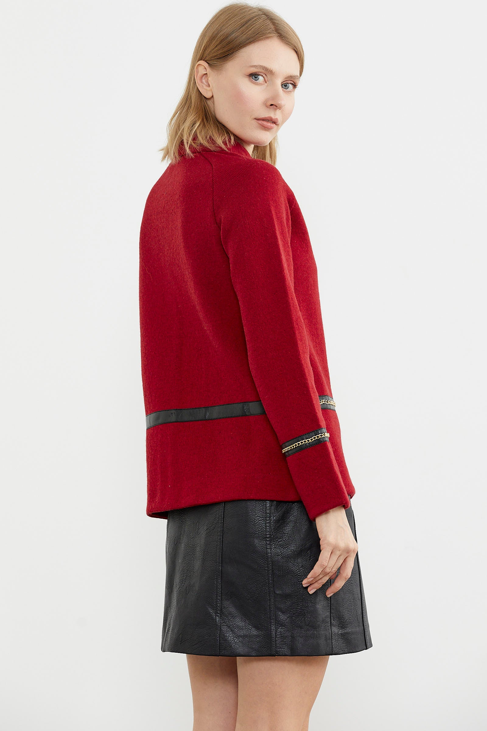 Metal Aksesuarlı Triko Ceket - Kırmızı - Siyah (7) Sementa