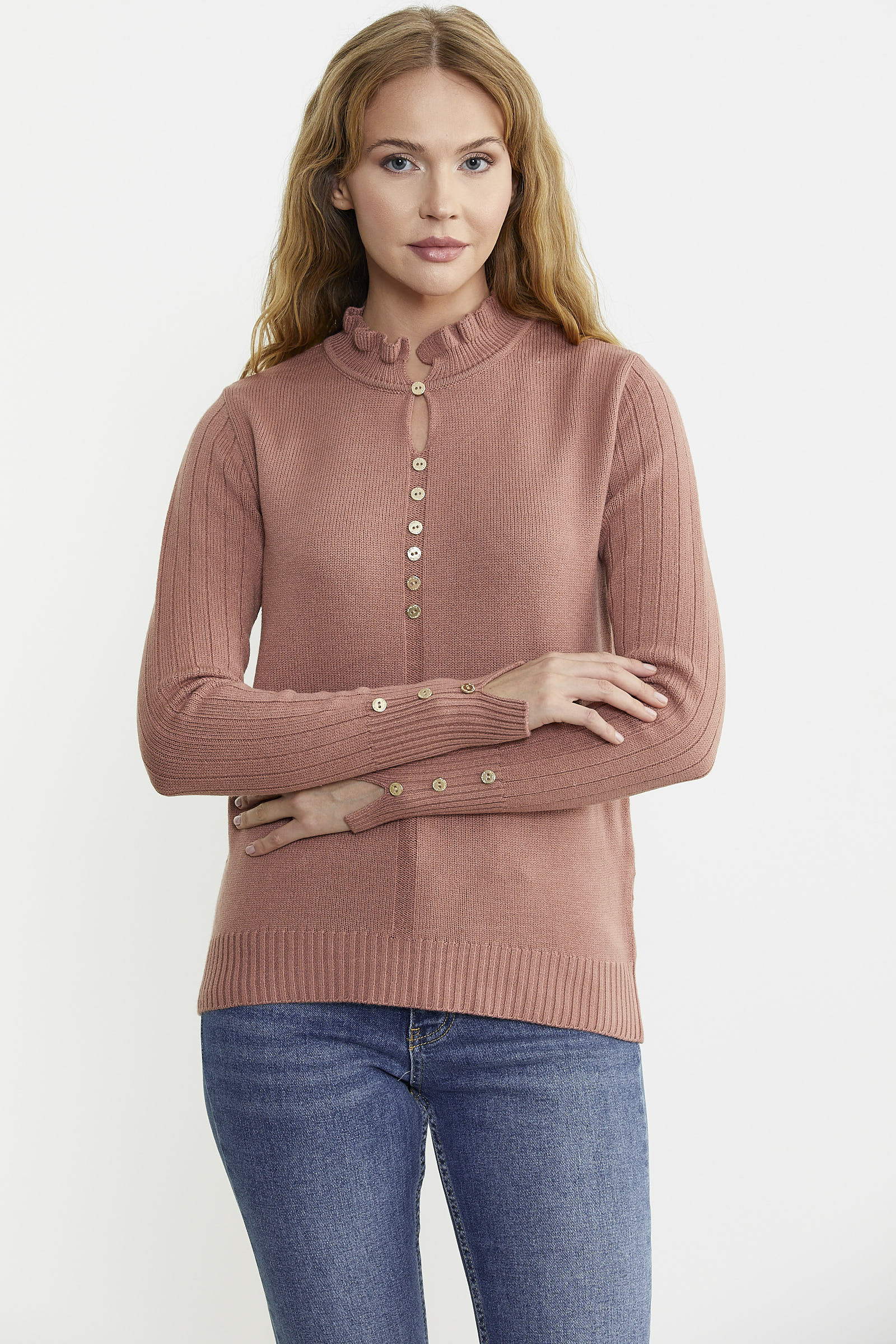 Metal Düğme Detaylı Triko Kazak - Gül - Sementa