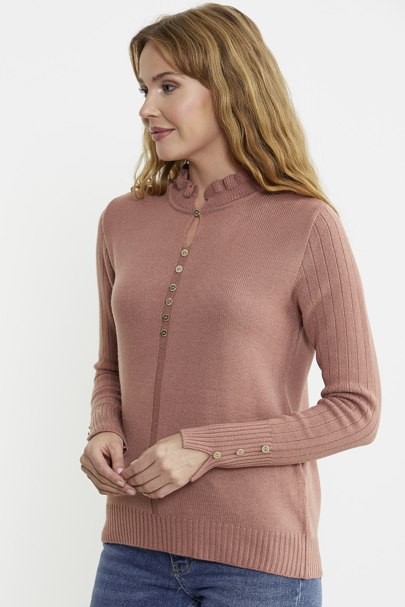 Metal Düğme Detaylı Triko Kazak - Gül - Sementa