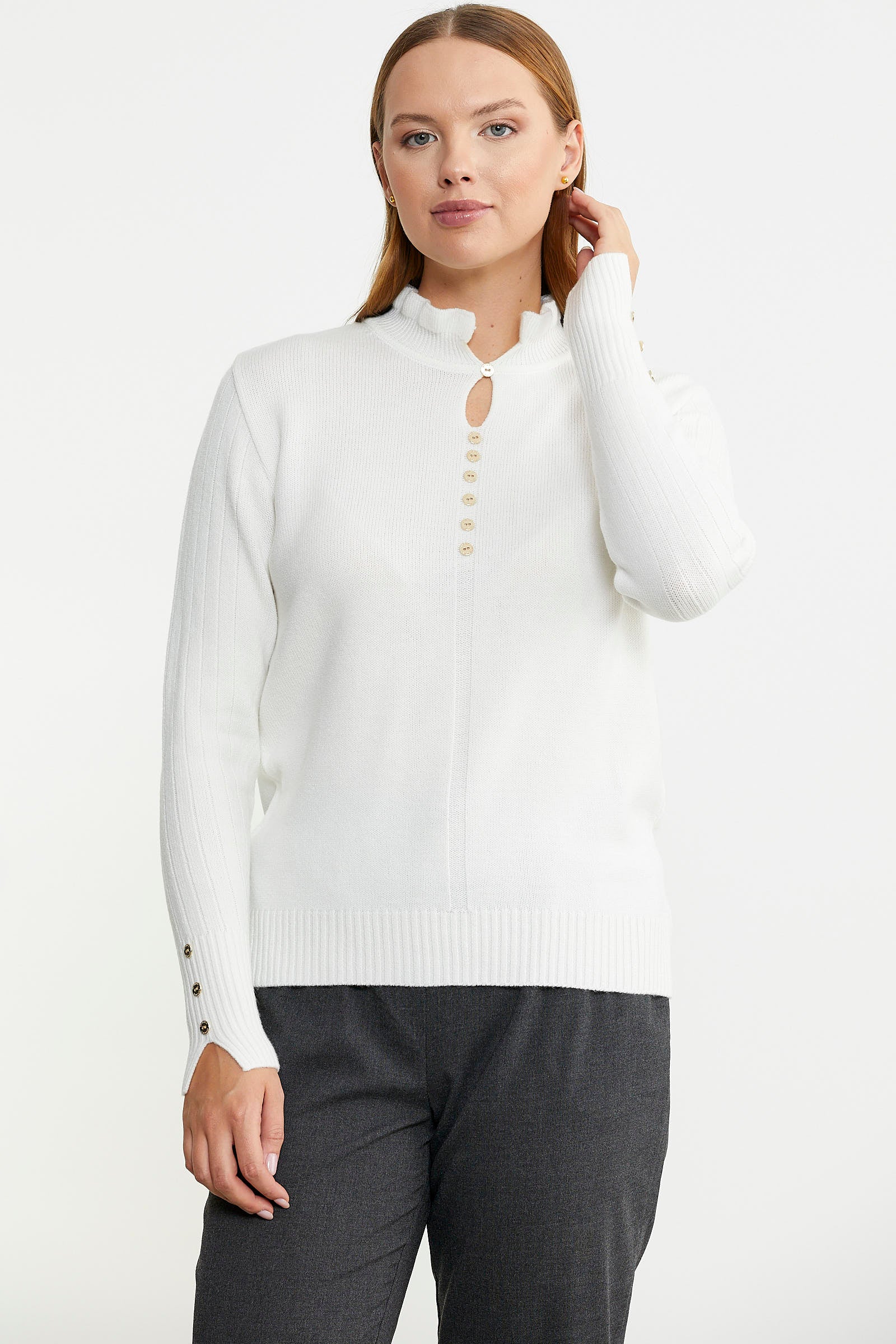 Metal Düğme Detaylı Triko Kazak - Kemik - Sementa