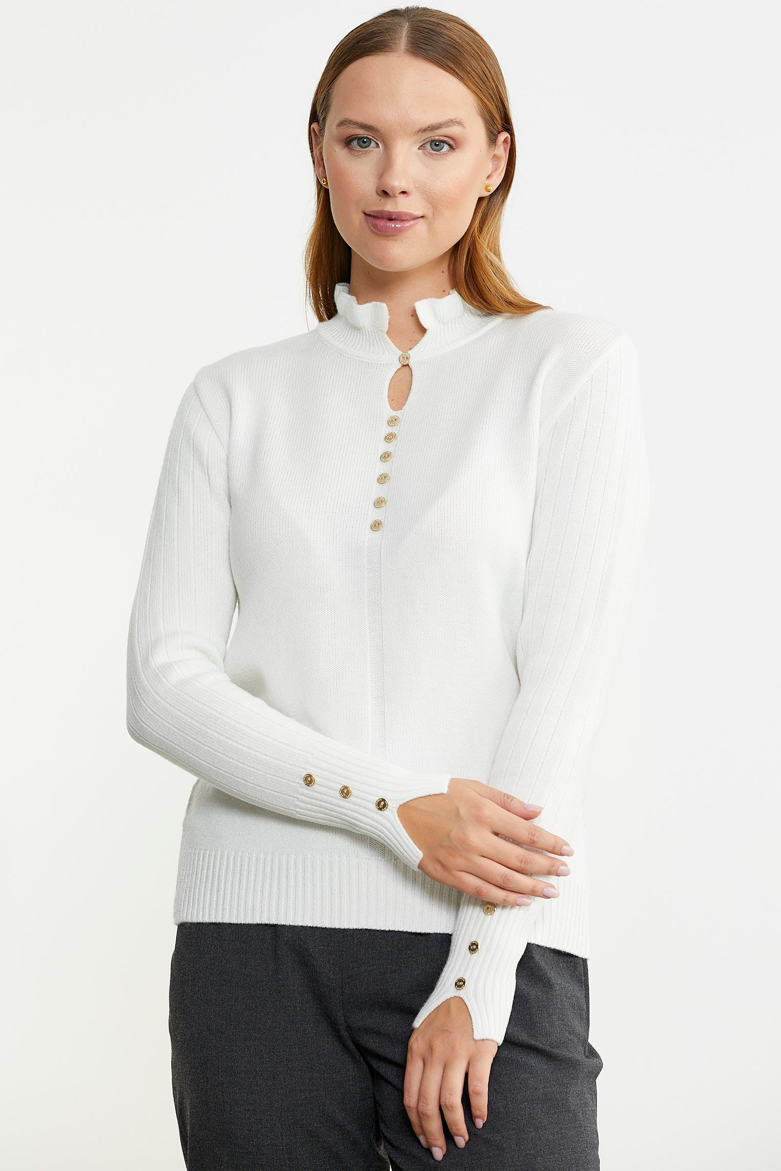 Metal Düğme Detaylı Triko Kazak - Kemik - Sementa