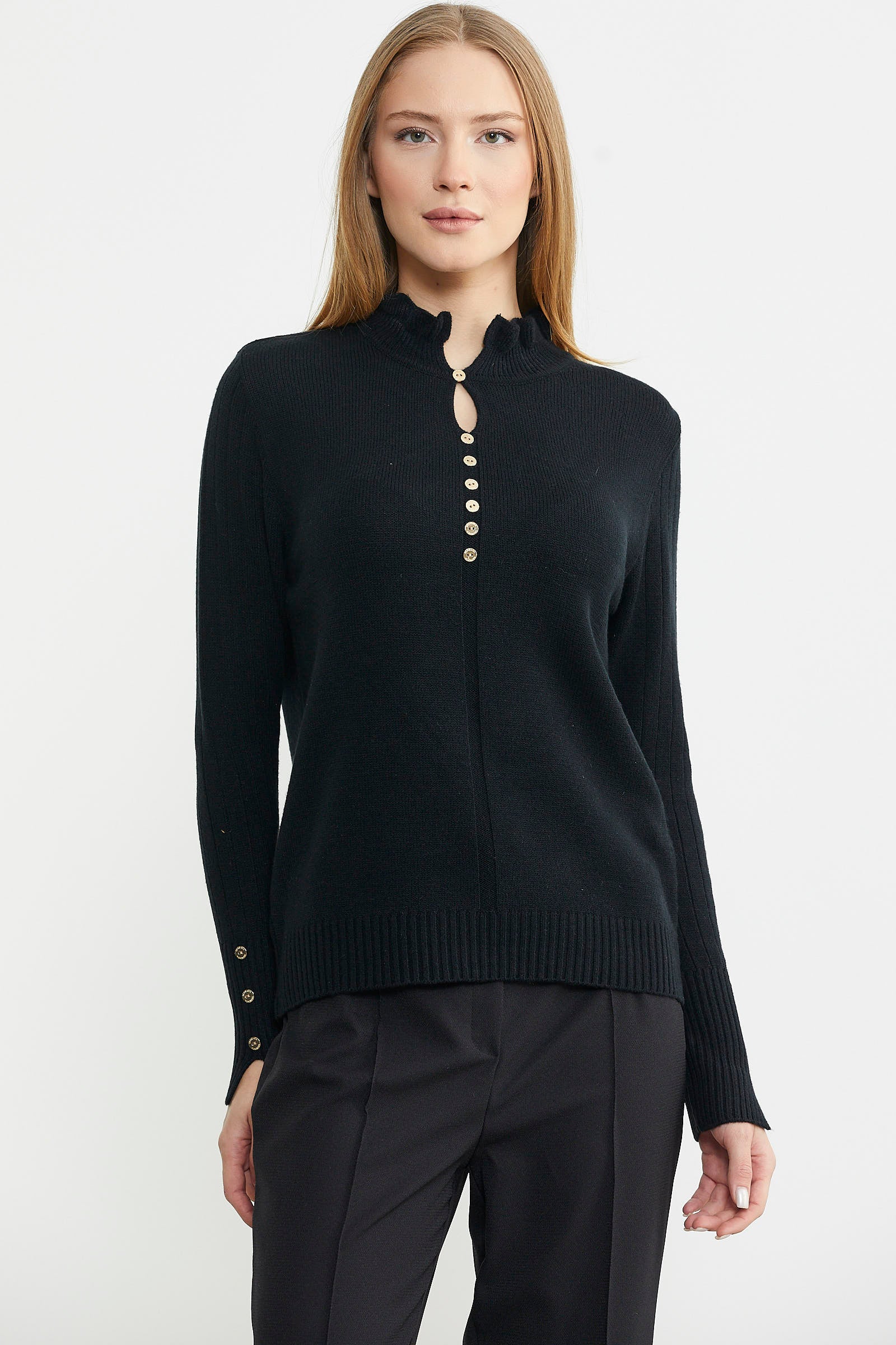 Metal Düğme Detaylı Triko Kazak - Siyah - Sementa