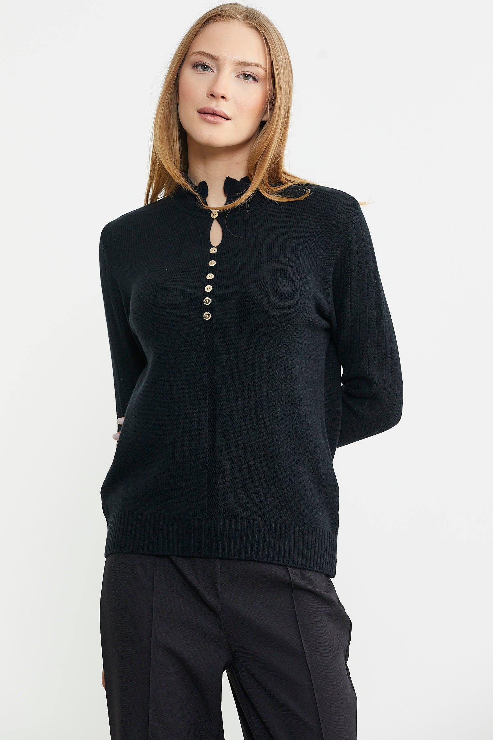 Metal Düğme Detaylı Triko Kazak - Siyah - Sementa