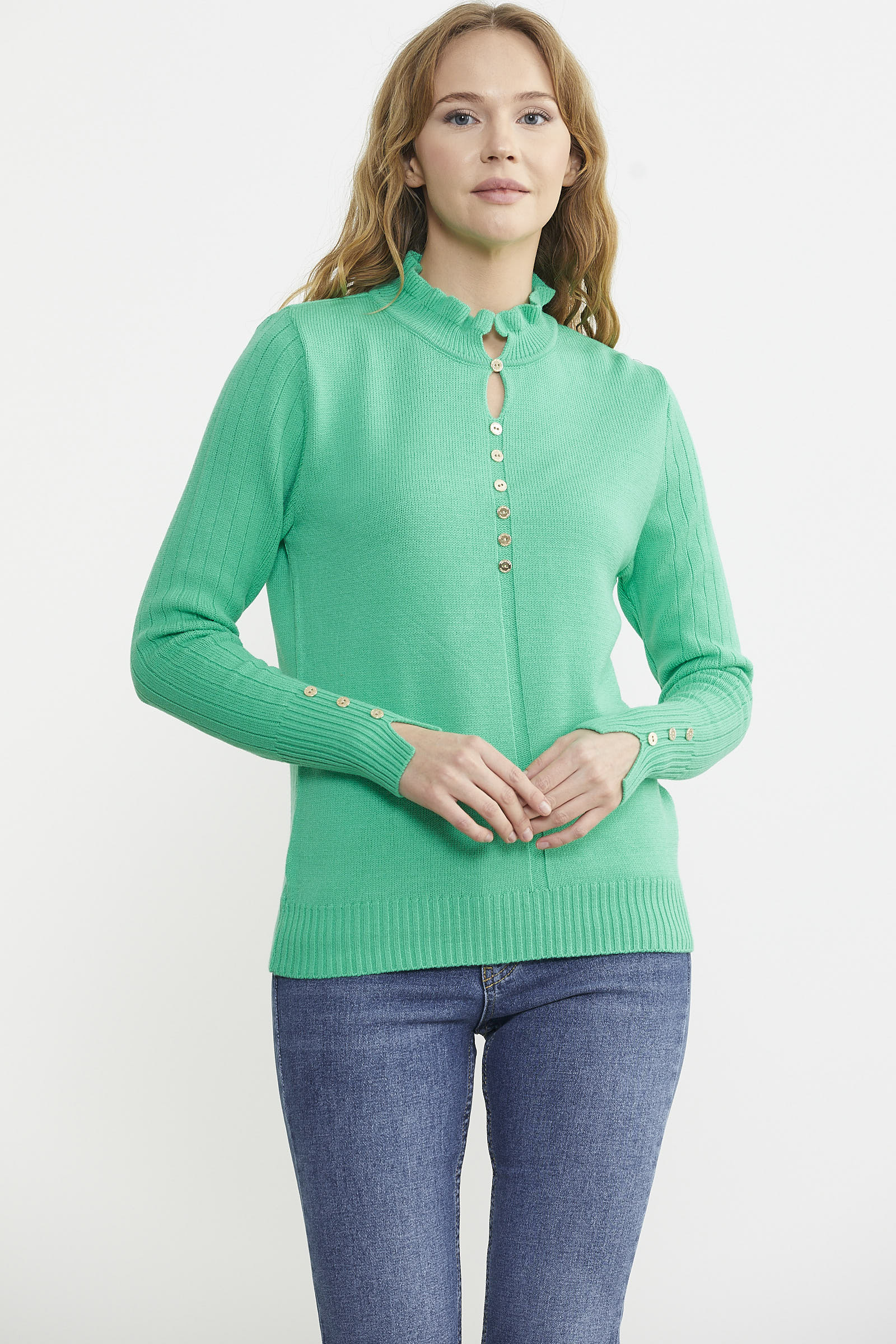 Metal Düğme Detaylı Triko Kazak - Yeşil - Sementa