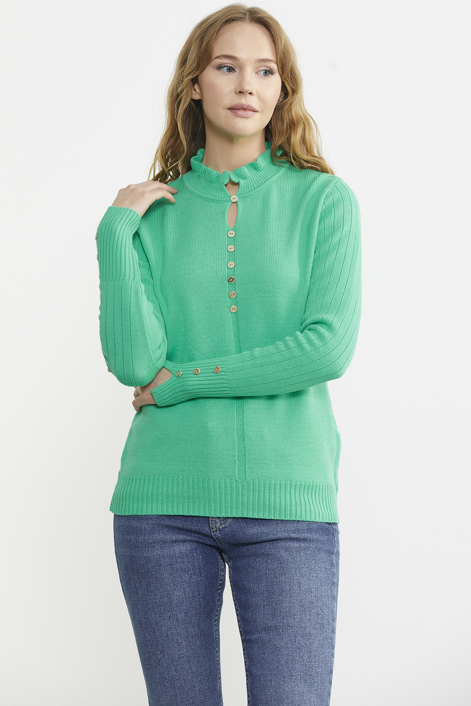 Metal Düğme Detaylı Triko Kazak - Yeşil - Sementa