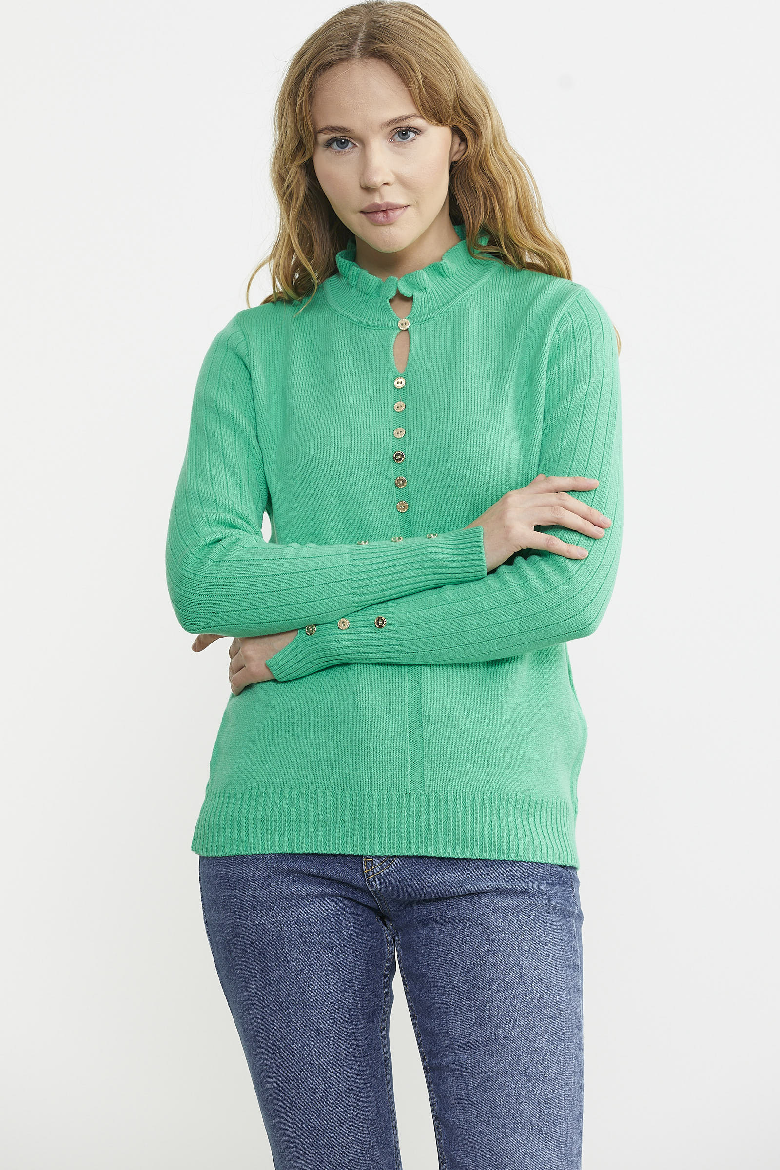 Metal Düğme Detaylı Triko Kazak - Yeşil - Sementa