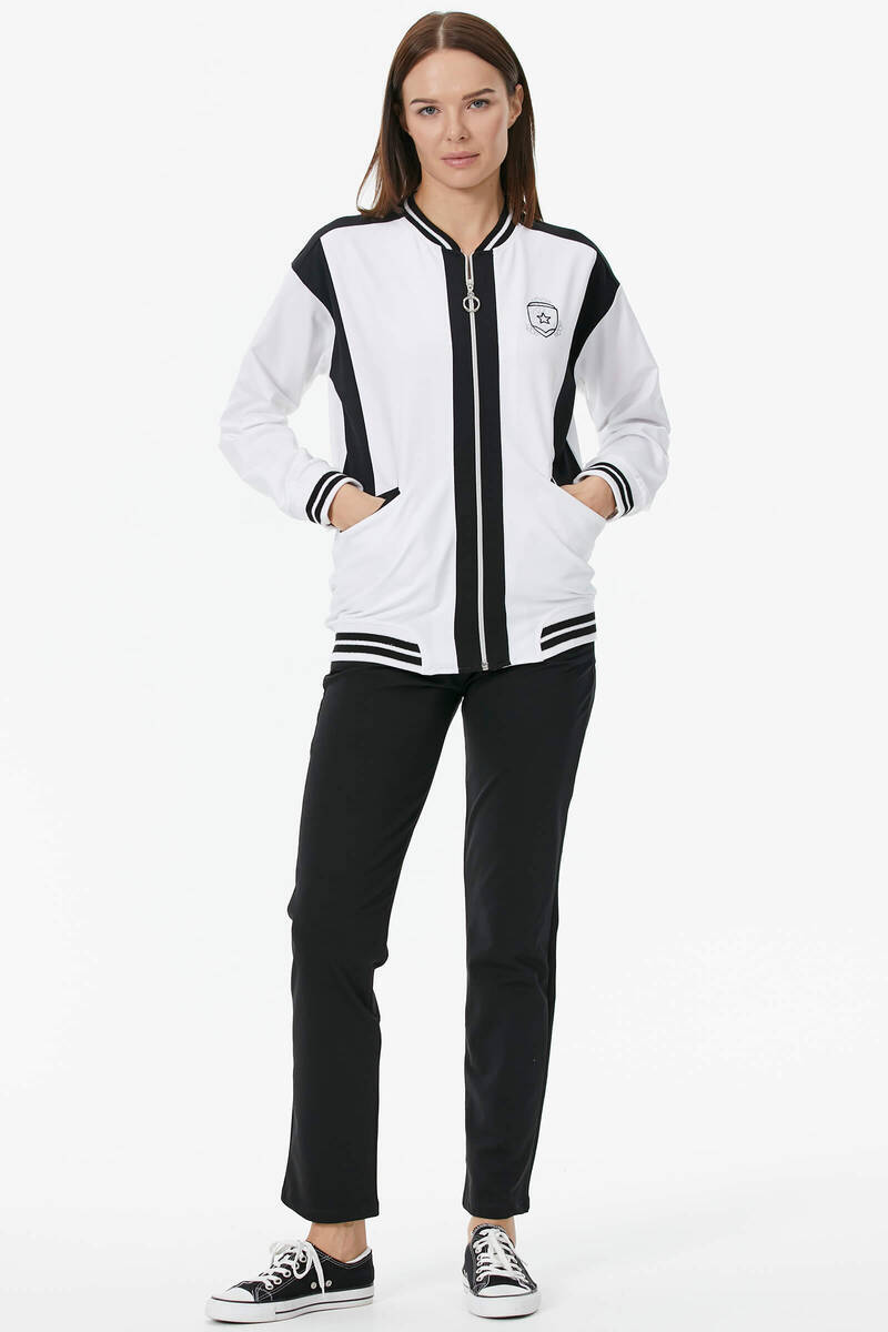 Metal Fermuarlı Blok Renk Eşofman Takım - Beyaz (1) Sementa