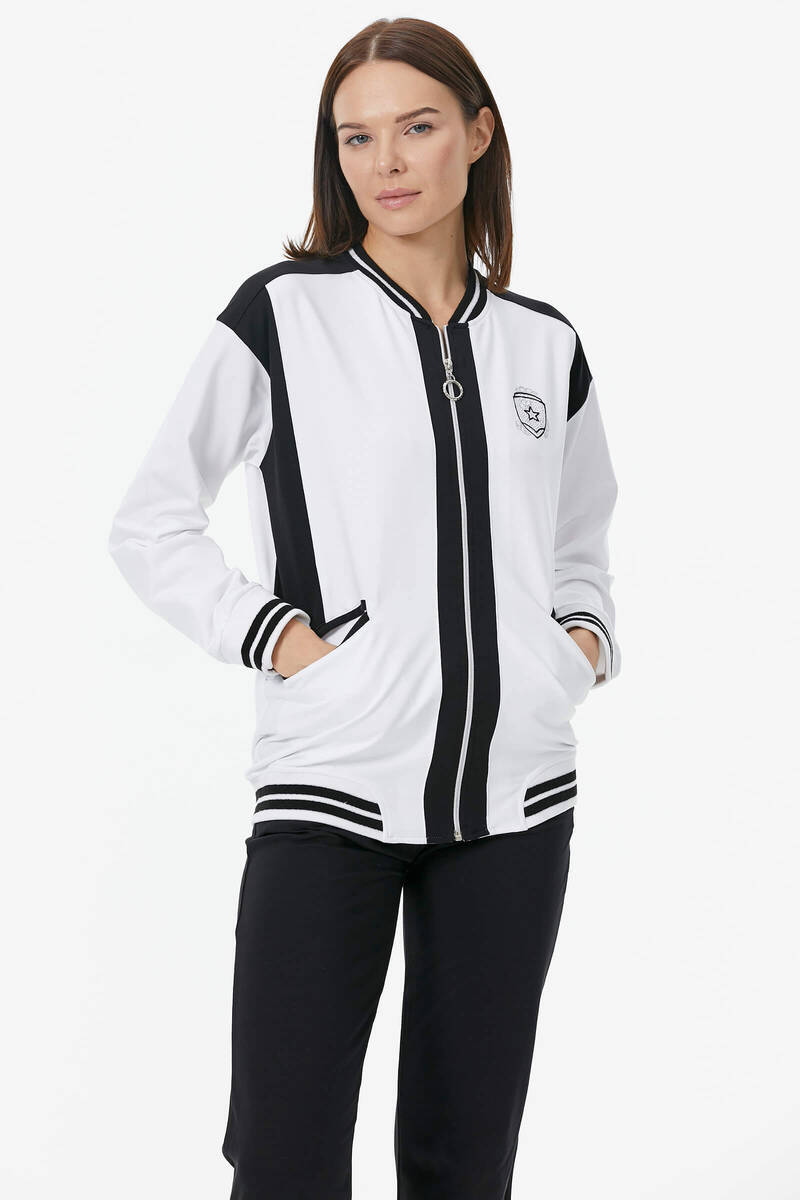 Metal Fermuarlı Blok Renk Eşofman Takım - Beyaz (3) Sementa