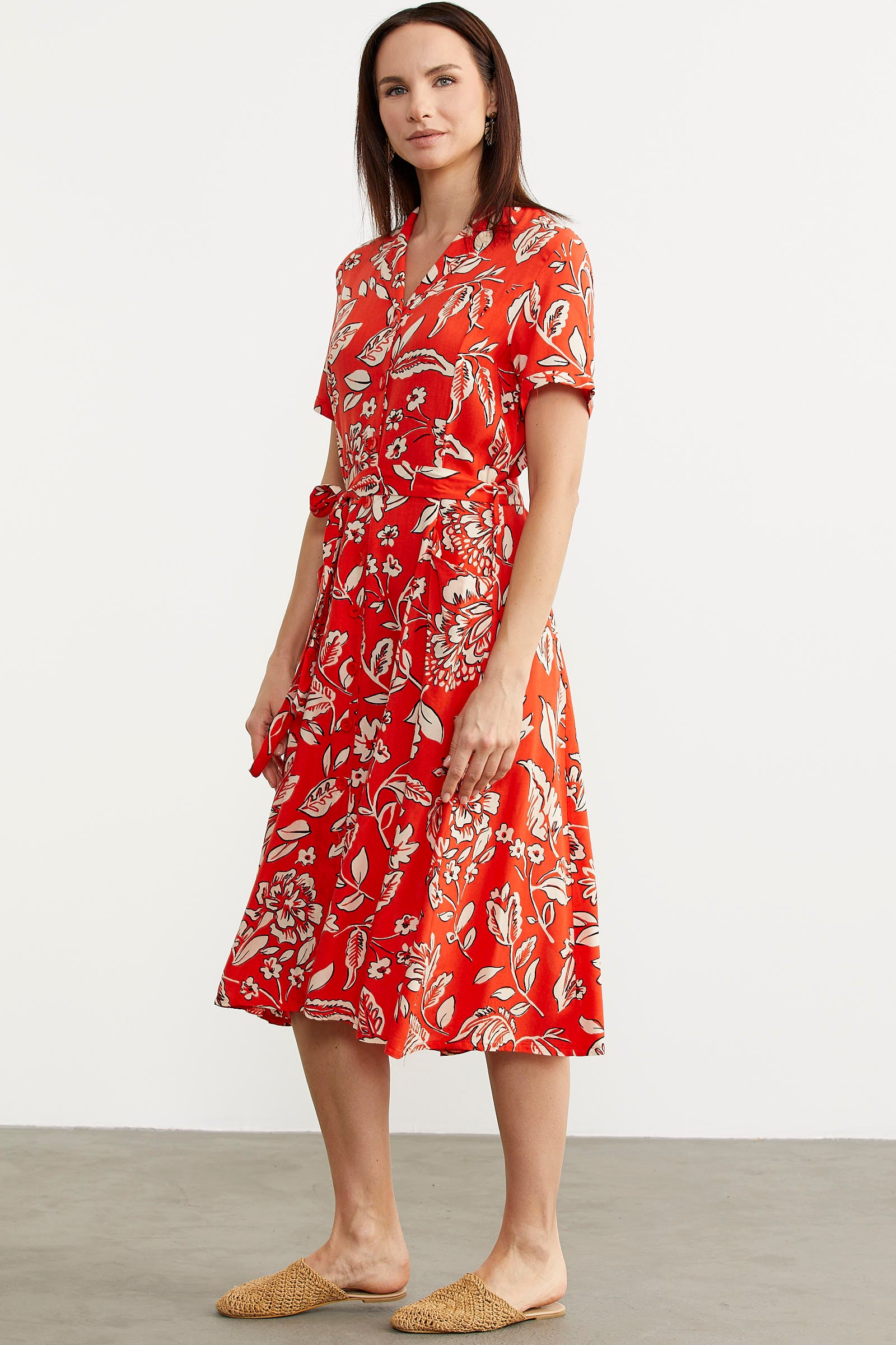 Midi Boy Çiçekli Gömlek Elbise - Kırmızı (4) Sementa