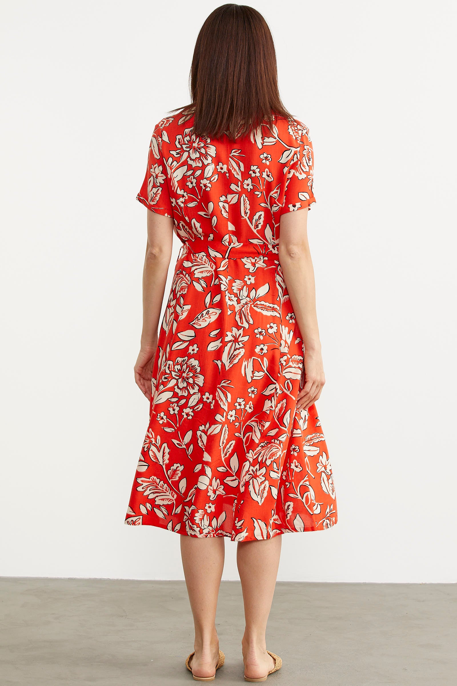 Midi Boy Çiçekli Gömlek Elbise - Kırmızı (7) Sementa