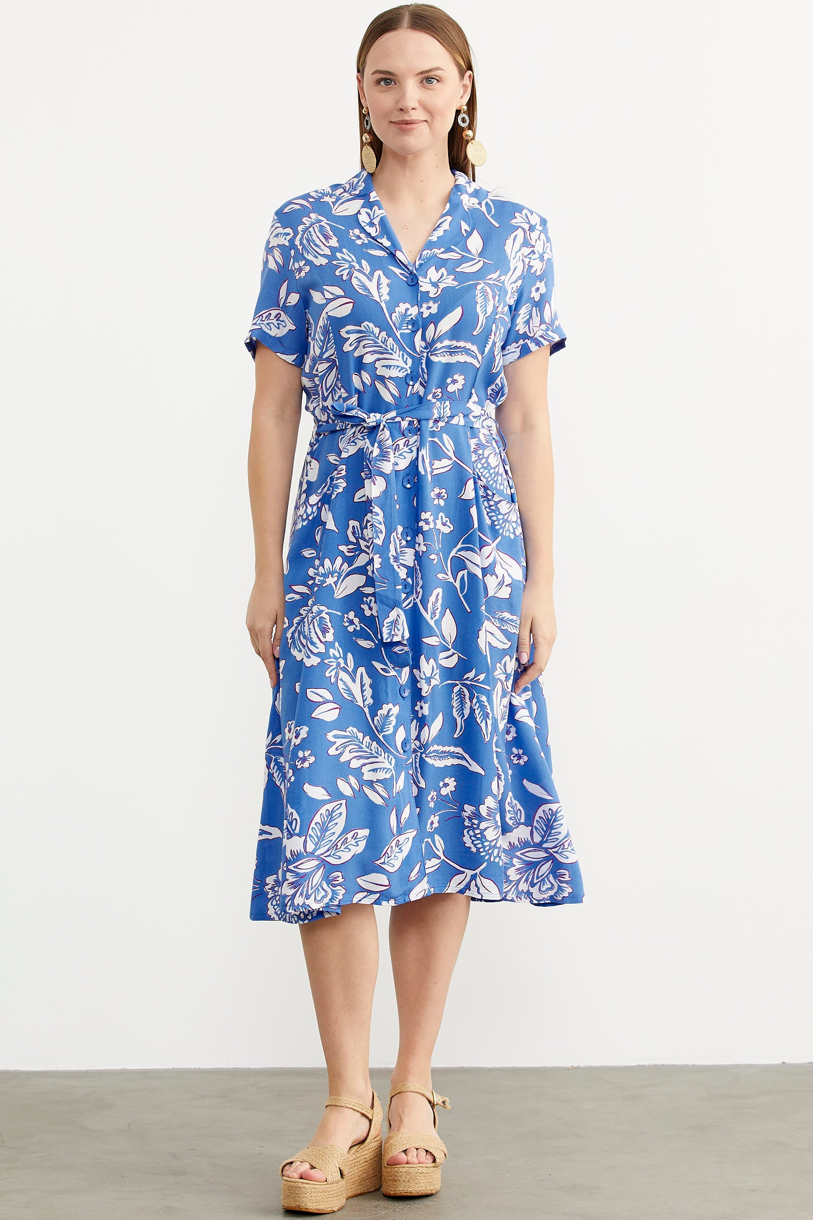 Midi Boy Çiçekli Gömlek Elbise - Mavi (1) Sementa