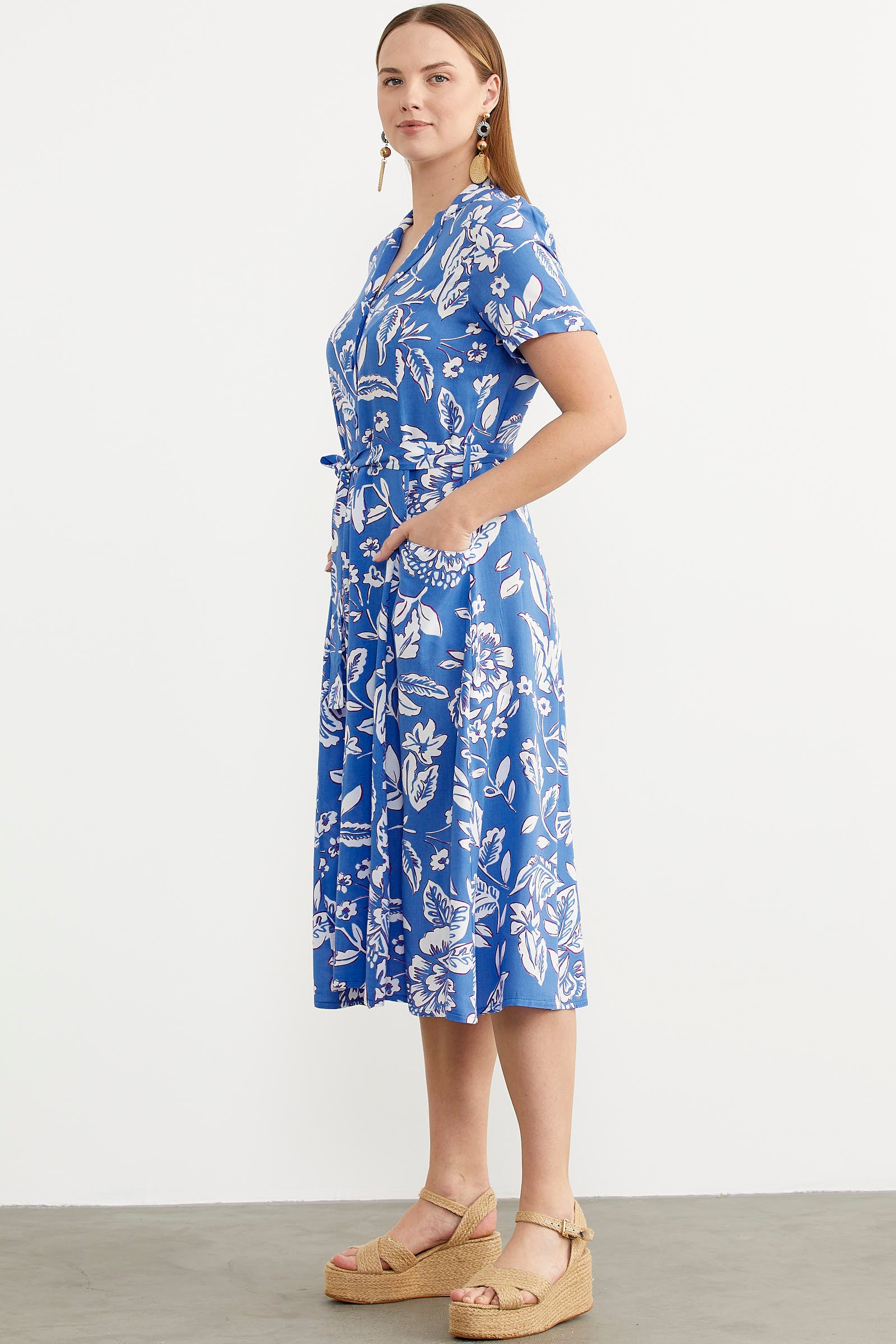 Midi Boy Çiçekli Gömlek Elbise - Mavi (5) Sementa
