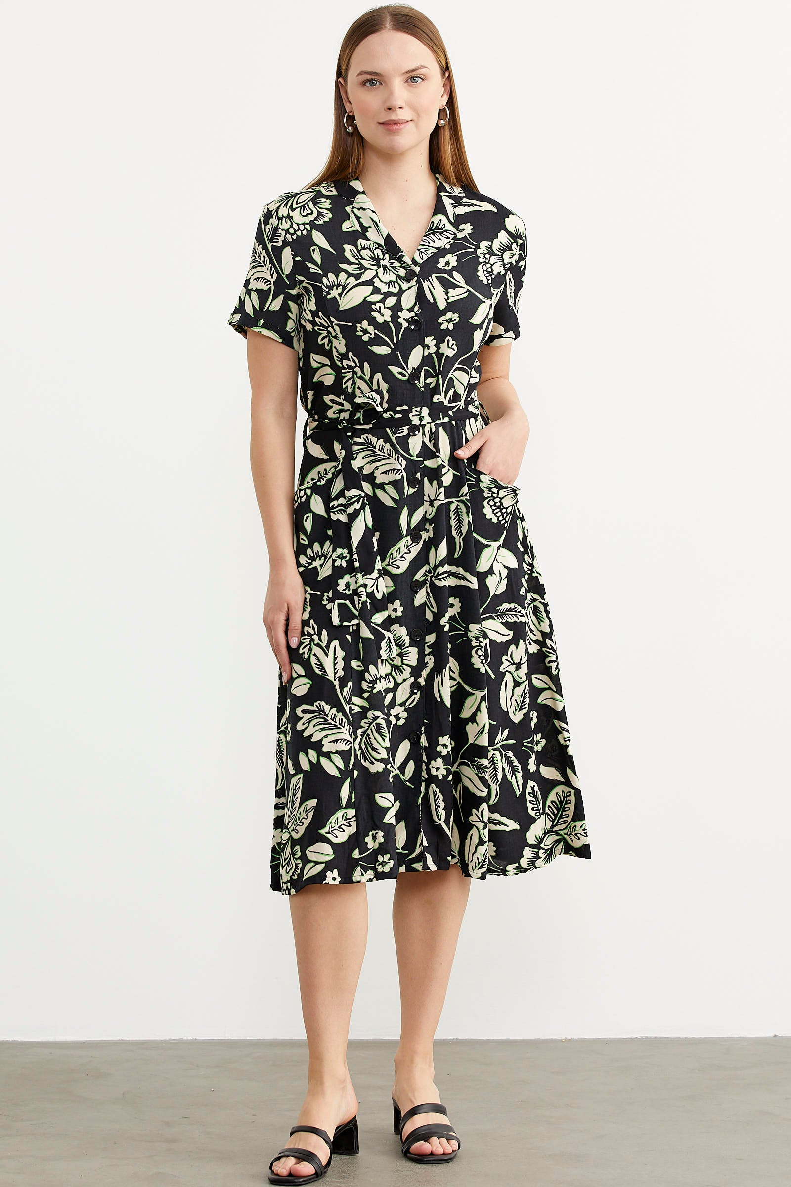 Midi Boy Çiçekli Gömlek Elbise - Siyah (1) Sementa